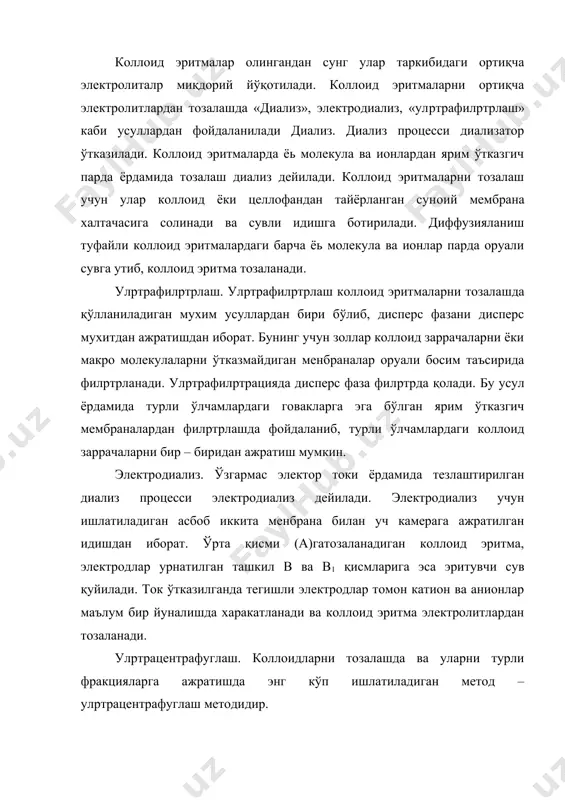 – улpтрацентрафуглаш методидир. коллоид эритмаларни тозалаш учун центрафугадан дастлаб 1913 йилда а.в.думанский фойдаланди. коллоиднинг оптик хоссалари қаторига ёруғликнинг коллоид эритмаларида тарқалиши, коллоид эритмаларининг ранги, ёруғликнинг коллоидларга ютилиши, кутибланган ёруғлик текислигининг бурилиши (айланиши) хамда улpрамикроскоп ва рентгенографик хоссалари киради. коллоид эритмаларининг ранги. ёриьлик нури қисмларининг танланиб ютилиши ходисаси билан дифракция ходисасининг бирга қуйилиши натижасида коллоид эритмада бирор ранг хосил бўлди. коллоид эритмалар (айниқса металл золлар) оу ранга, спектрнинг барча тусларига нихоят тим уора тусга эга бўлиши мумкин. золларнинг утаётган ёруғликдаги ранги дисперслик даражасига, заррачаларига химиявий табиати ва шаклига боғлиқ холда ўзгаради. айни модда золлари қандай усул билан тайёрланганлигига қараб бошқа – бошқа рангларга эга бўлиши мумкин (бу ходиса полихромия деб аталади), чунки бунда золнинг дисперслик даражаси катта ахамиятга эга. масалан, дисперслик даражаси юқори бўлган олтин золларининг ранги кўпинча уизил ва тук сариу бўлади: дисперслик даражаси паст бўлган олтин золлари бинафша ва кук туслидир. дисперслик даражаси ортувчи билан золнинг ранги айни коллоид …