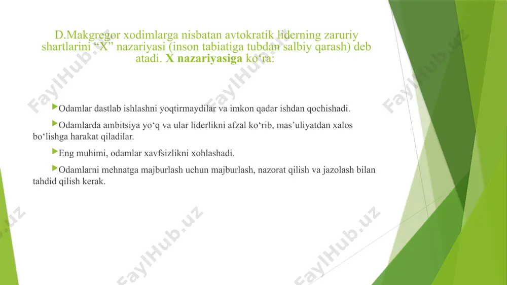 di. 4-tizim guruh qarorlarini va qarorlar qabul qilishda ishchilarning ishtirokini nazarda tutadi. r. likertga ko‘ra, u eng samarali hisoblanadi. bu liderlar o‘z qo‘l ostidagilarga to‘liq ishonadilar. lider va unga bo‘ysunuvchilar o‘rtasidagi munosabatlar do‘stona va o‘zaro ishonchga asoslangan. qaror qabul qilish juda markazsizlashtirilgan. 3.2-§. liderlik uslublarining ikki o‘lchovli talqini 1945 yildan beri aqshning ogayo shtat universitetining biznes tadqiqotlari byurosi homiyligida ishlaydigan bir guruh olimlar liderlik sohasida keng qamrovli tadqiqot o‘tkazdilar va menejerlarni diqqat markazida bo‘lganlarga bo‘lish kontseptsiyasida jiddiy xatolikni aniqladilar. yoki faqat ishda, yoki faqat shaxsan. ular avtokratik lider bir vaqtning o‘zida demokratik bo‘lolmasa ham, shunga qaramay, ishlashga katta e’tibor berib, insoniy munosabatlarga katta e’tibor berishini aniqladilar. bu ularning asosiy kashfiyoti edi: odamlar o‘zlarini shunday tutishlari mumkinki, u bir vaqtning o‘zida ham ishga, ham insonga yo‘naltirilgan bo‘ladi. liderlik uslublarining ikki o‘lchovli talqini paydo bo‘ldi, bu samarali liderlik g‘oyasining keyingi rivojlanishini aks ettiradi. ogayo shtati universitetida ishlab chiqilgan liderlik uslublarining tasnifi. ogayo …