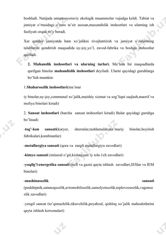 biatda barcha komponentlar har bir hududda bir-biri bilan o`ziga xos moslashuv hamda alaqodorlik vujudga keltirgan va shu zaylda bir necha yuz ming yillardan beri taraqqiy etib kelmoqda .binobarin ,tabiat komponentlari orasida tabiiy muvozanat mavjud bo`lganligi sababli ,har bir joy yoki hudud ma`lum bir yo`nalishda rivojlanish bosqichlarini bosib o`tadi har bir tabiat kompleksi ma`lum miqdordagi tabiiy boylikka ega.agar mazkur boyliklardan rejali foydalanish yo`lga qo`yilmasa ,ekologik muvozamat buzila boshlaydi .buning oqibatida tabiat qashshoqlashadi,tuproqlar sho`rlanadi ,yerning hosildorligi pasayadi,suvlar ifloslanadi va ichishga yaramay qoladi,tiklanadigan tabiiy resurslar qayta tiklanmaydi. tog` yonbag`irlarida sug`oriladigan va lalmi dehqonchilik ,bog`dorchilik hamda yaylov chorvachiligi bilan odamlar qadimdan shug`ullanib kelishadi.mahalliy aholi har bir soy vodiysi yoki yonbag`rlarining dehqonchilik ,chorva mollarini boqish pichan tayyorlash uchun qanchalik tabiiy boyliklarga ega ekanligini juda yaxshi biladi tog’larda o’tin tayyorlash maqsadida mavjut darahitlar qirqiladi , oqibatta ular ostidagi o’tlar va butalar ham zarar ko’radi . tuproqning yuzasi ochilib, uyog’in-sochin tasirida eroziyaga uchraydi. avval , yuzalama eroziya …