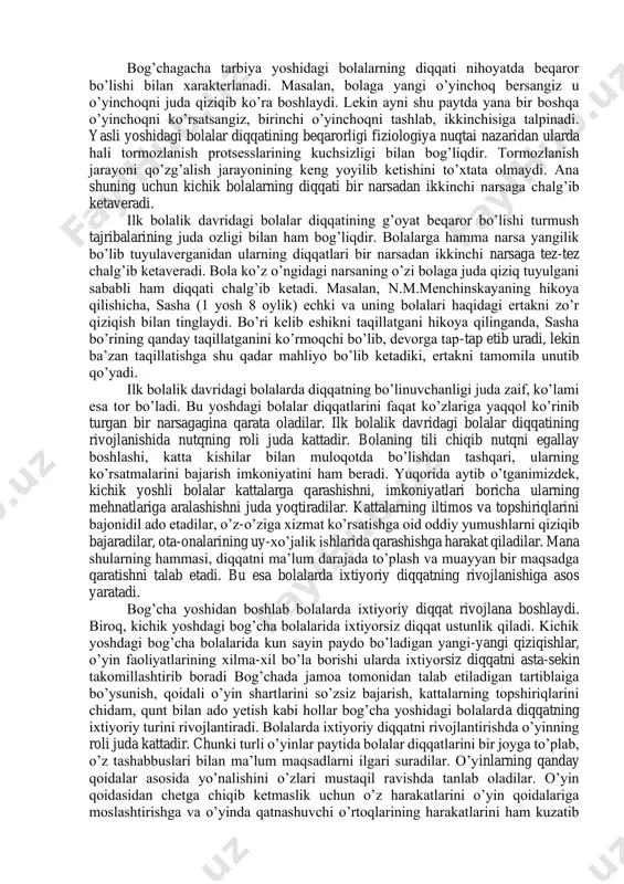 ash, rejalarni tuzish “ertangi kun” ni, kelajakni anglamay turib bo’lishi mumkin emas. kelgusi zamon haqidagi elementar tushunchalarning shakllanishi hayotning uchinchi yiliga, ya’ni “qilaman”, keyinchalik esa yanada aniqroq bo’lgan “keyin”, “ertaga”, “sal turib” kabi so’zlarning paydo bo’lish davriga to’g’ri keladi. psixologlar boladagi vaqt va fazoni idrok qilishdagi umumiylikni e’tirof qiladilar. maxsus tadqiqotlar tushunchalardagi umumiylik bolaning dunyoni yagona vaqtli-fazoviy kompleksda aks ettira olish qobiliyatiga ega ekanligidandir, degan fikrga asos bo’la oladi. rus psixologlari badiiy idrokning rivojlanishini shaxs rivojlanishining natijasi sifatida ko’rishadi. u insonga tug’ma ravishda berilmaydi. bola san’at asarini aynan shu tarzda darhol idrok qila olmaydi; rivojlanishning dastlabki pog’onalarida bola uchun unga nisbatan harakatli, utilitar munosabat xos (rasmdagi tasvirni bolalar ushlab, paypaslab ko’radilar, uni ushlab ko’radilar va h.). biroq badiiy idrokning ilk kurtaklari bog’cha yosh davrida namoyon bo’la boshlaydi. ta’lim va tarbiya insonga xos bo’lgan ushbu qobiliyatlarning rivojlanishida hal qiluvchi rol o’ynaydi. frantsuz psixologi a.bine va nemis psixologi v.shtern bolalar tomonidan rasmlarni …