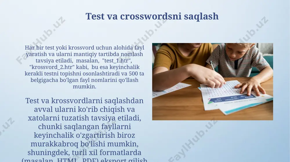 qa javob va tarjima kabi variantlarni tanlashingiz mumkin. har bir savol turiga 10 tagacha javob varianti qo'shishingiz va ularga ball berishingiz mumkin. bu sizga testning murakkabligini va baholash tizimini moslashtirish imkonini beradi. so'zlarni kiritish va joylashtirish hot potatoes dasturida 20 tagacha so'z qo'shishingiz va ularni 4x5 o'lchamli panjara ichida istalgan joyga qo'yishingiz mumkin, shuningdek, har bir so'z uchun 5 tagacha sinonim yoki antonim berishingiz mumkin. so'zlarni kiritish maydoniga 15 ta so'z kiritganingizdan so'ng, dastur avtomatik ravishda ularning joylashishi uchun 3 ta variant taklif qiladi, bu esa sizga vaqtni tejashga yordam beradi. crosswordsning murakkabligini sozlash hot potatoes dasturida krossvordlar murakkabligini 1 dan 5 gacha boʻlgan qiyinchilik darajalarini belgilash orqali sozlash mumkin, bu esa jumboqlar soni va ularning murakkabligi bilan bogʻliq. krossvordning murakkabligini sozlashda soʻzlarning uzunligi, ularning ma’nosi va joylashishi kabi omillarni hisobga olish, shuningdek, 10 dan ortiq so'z qo'shish yoki qo'shimcha maslahatlar berish orqali nazorat qilish mumkin. xatolarni tuzatish jami 100 …