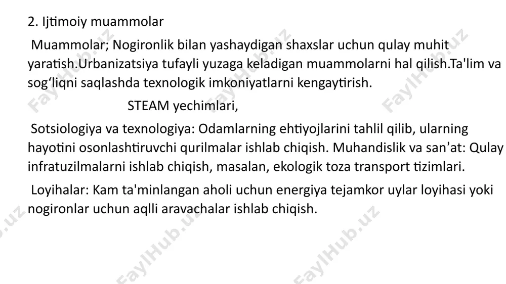 tafakkur ko‘nikmalarini rivojlantirish va muammolarni yechish .faol kommunikatsiya va jamoada ishlash.o‘z kuchiga ishonish hissini ortishi steam taʼlimining afzalliklari.texnik fanlarga bo‘lgan qiziqishlarni rivojlantirish loyihalarga kreativ va innovatsion yondashuv.taʼlim va karyera orasidagi ko‘prik o‘quvchilarni texnologik innovatsion hayotga tayyorlash maktabgacha ta’limda steam ta’lim texnologiyasining ahamiyati. o‘zbekiston respublikasida ta’lim tizimini isloh qilish borasida islohotlar amalga oshirilmoqda. “zamonaviy maktablarni tashkil etish to‘g‘risida”gi.o‘zbekiston respublikasi prezidenti qarori, “2017-2021- yillarda maktabgacha ta’lim tizimini yanada takomillashtirish chora-tadbirlari to‘g‘risida” prezident qarori, “prezident maktablarini tashkil etish chora-tadbirlari to‘g‘risida”gi prezident qarori va boshqa ko‘plab respublikamizdagi ta’lim tizimini dunyodagi yetuk ta’lim tizimlariga tenglashtirish borasidagi islohotlarni ta’kidlab o‘tish mumkin. ushbu maqsadlarni bajarish uchun 2016-yildan boshlab milliy ta’lim tizimida stem paydo bo‘lishi haqida so‘z yuritilmoqda. maktabgacha ta’lim tashkilotlarida bolalarni prezidentimiz oldimizga qo‘ygan vazifalaridan kelib chiqqan holda har tomonlama yetuk va hozirgi zamon talablariga mos ravishda rivojlanishida stem tizimini asoslarini shakllantirishda quyidagi vazifalarni bajarish maqsadga muvofiq bo‘ladi: mtt ni kitob bilan ta’minoti jarayonida kitoblarni stem tamoyillariga …