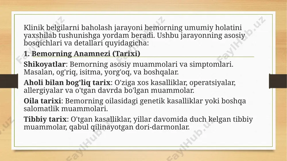 hlili: qonning hujayralarini (qizil qon hujayralari, oq qon hujayralari, trombotsitlar) va ularning miqdorini aniqlaydi. bu infektsiyalar, yallig'lanish, anemiya, qon ketish xavfi va boshqa holatlar haqida ma'lumot beradi. biokimyoviy qon tahlili: jigar, buyrak, yurak funksiyalari va metabolizm jarayonlarini tekshiradi. asosiy parametrlar: qand miqdori, kreatinin, urobilinogen, elektrolitlar va fermentlar. qon guruhlari va rezus faktori: qon guruhini aniqlash, rezus faktori bilan birga. qonning koagulatsiya xususiyatlari: qonning ivish qobiliyatini baholash, masalan, inr, pt, aptt testlari orqali. toksikologik tahlillar: qon yoki siydikda giyohvand moddalarning yoki toksik moddalar miqdorini aniqlash. siydik tahlili umumiy siydik tahlili: siydikning kimyoviy va mikroskopik tarkibini, masalan, oqsil, qon, glyukoza, va bakteriyalarni aniqlash. siydik madaniyati: bakteriyalar va mikroorganizmlarni aniqlash uchun foydalaniladi, infektsiyalarni tashxislashda muhim. c) endokrin tizimi tahlillari gormonal tahlillar: tiroid gormoni, insulin, progesteron, estrogen, testosteron va boshqa gormonlar darajasini o'lchash, endokrin tizimdagi muammolarni aniqlash uchun. tashxisni aniqlash mezonlari — bu bemorning kasalligi yoki holatini aniqlashda ishlatiladigan asosiy tamoyillar va ko'rsatkichlar. tashxisni …