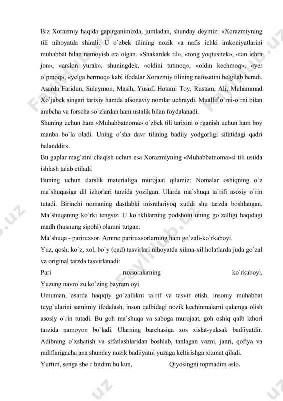`ladi. ularning barchasiga xos xislat-yuksak badiiyatdir. adibning o`xshatish va sifatlashlaridan boshlab, tanlagan vazni, janri, qofiya va radiflarigacha ana shunday nozik badiiyatni yuzaga keltirishga xizmat qiladi. yurtim, senga she`r bitdim bu kun, qiyosingni topmadim aslo. shoirlar bor o`z yurtim butun — olam aro atagan tanho. ular she`ri uchdi ko`p yiroq, qanotida kumush diyori. bir o`lka bor dunyoda biroq bitilmagan dostondir bori: faqat ojiz qalamim manim, o`zbekiston - vatanim manim. abdulla oripov «o`zbekiston» she`rini vatan mavzusida yaratdi. unda vatanparvarlik g`oyasi ilgari surildi. aslida bu she`r millionlab o`zbeklarning ijtimoiy bosim ostida tomog`ida qadalib turgan hayqiriq sifatida yuzaga chiqdi. zero, she`r yozilgan paytda o`zbekiston mustaqilligi haqida gap ham yo`q edi. shoir o`zbekistonni baland va o`z ovozi bilan yurtim - vatanim deya oldi. vatan tasviri esa mutlaqo o`ziga xos tarzda qalamga olindi. adib avval yurt tarixini esga oladi. abu rayhon beruniy, alisher navoyidek buyuk insonlarning bevosita o`zbek xalqiga mansubligining o`zi faxr va iftixor manbai bo`la …