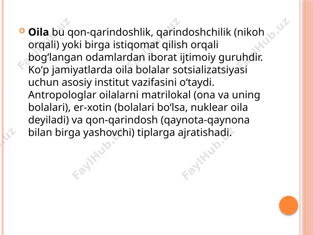 ni qaratadi. guruhiy oila – bir necha opa-singillarning boshqa bir toifa erkaklar guruhi bilan nikohga kirishini taqozo etgan. bunday ayollar yo o’z qavmidan bo’lgan erkakka yoki tamoman boshqa begona urug’ning vakili bo’lmish erkakka turmushga chiqishi mumkin bo’lgan. lekin avlodning kelib chiqishi onalik urug’iga bog’langan, otalikni belgilash holatlari inobatga olinmagan. s. golodning yozishicha (1998 y.), onadan tarqalgan avlodlar xix asr oxiri va xx asr boshlarida ham ko’pgina xalqlarda saqlanib kelgan. juftlik oila – alohida, bir-biriga unchalik yaqin bo’lmagan yoki mutloq begona ikki kishi o’rtasidagi nikohni nazarda tutgan bo’lib, ular o’rtasidagi munosabatlar har doim ham mustahkam bo’lmagan va tomonlarning xohish-irodasiga ko’ra u istalgan vaqtda barbod bo’lishi ham mumkin edi. hozirda mavjud bo’lgan oilalarda shaklan shu model saqlab qolingan. patriarxal oila – bir erkak kishining bir yoki bir nechta ayol o’rtasidagi nikohiga asoslangan bo’lib, bunda erkakning huquqlari xotinnikidan ko’proq bo’lgan, nikohning bu shakli ayni xususiy mulkchilik rivojlangan davrlarda keng tarqalgan. tabiiyki bunday oilada …