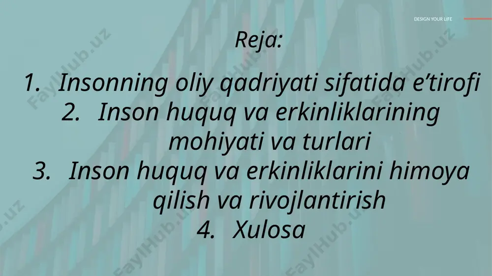 i, huquqlari va manfaatlari uchun davom etgan uzoq kurashi umuminsoniy ahamiyat darajasiga koʻtarilgan quyidagi meʼyoriy-huquqiy hujjatlarda oʻzining moddiy ifodasini topgan: erkinlikning buyuk xartiyasi (1215-yil); huquq toʻgʻrisidagi petitsiya (1628-yil); „habea cozpus akt“ (1679-yil); huquqlar toʻgʻrisidagi bill (1689-yil); amerika virginiyasi huquqlari deklaratsiyasi (1776-yil); amerika qoʻshma shtatlarining mustaqillik deklaratsiyasi (1776-yil); fransuz inson va fuqaro huquqlari deklaratsiyasi (1789-yil); inson huquqlari umumjahon deklaratsiyasi (1948-yil); iqtisodiy, ijtimoiy va madaniy huquqlar toʻgʻrisida xalqaro pakt (1996-yil) va boshqalar. design your life inson huquqlari barcha insonlarning umumbashariy va ajralmas huquqlari boʻlib, qaysidir davlatga, millatga, fuqarolikka yoki dinga tegishli boʻlmasa-da hamma uchun bir xildir. bu huquqlar inson huquqlari umumjahon deklaratsiyasiga asoslangan. inson huquqlari xalqaro koʻlamda amal qilinib, xalqaro qonunlar, dunyoviy va diniy muassasalar, hukumatlar siyosati va nodavlat tashkilotlari tomonidan dunyo siyosatiga juda ham katta taʼsir koʻrsatadigan doktrinadir. inson huquqlari bu insonlarga berilgan imtiyoz boʻlib, u dunyoning koʻplab taraqqiy etgan mamlakatlarida qonunlar, konstitutsiyaviy qadriyatlar normalari yoki xalqaro konvensiyalar orqali tan olingan. …