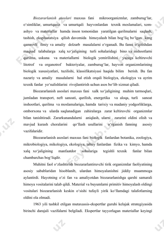 lardan himoyalanishni jiddiy muammoga aylantirdi. hayotning о‘zi fan va amaliyotdan biozararlanishga qarshi samarali himoya vositalarini talab qildi. material va buyumlarni primitiv himoyalash oldingi vositalari biozararlanish keskin о‘sishi tufayli yirik kо‘llamdagi talafotlarning oldini ola olmadi. 1963 yili tashkil etilgan mutaxassis-ekspertlar guruhi kelajak strategiyasida birinchi darajali vazifalarni belgiladi. ekspertlar tayyorlagan materiallar keyingi barcha tashkiliy harakatlarning asosi bо‘lib, birinchi navbatda biozararlanish bо‘yicha birinchi xalqaro simpoziumi (bxs) ni, 1968 yili angliyada о‘tkazishga asos soldi. shunday qilib, biozararlanish muammosi inson faoliyati doirasida muhim ilmiy va amaliy muammo sifatida alohida statusga ega bо‘ldi. bu о‘z navbatda kо‘pchilik mamlakatlar mutaxassislaridan muammo doirasini uzil-kesil aniqlashni, terminlar va metodik yondoshuvlarni ishlab chiqishni talab qildi. hozirgi davrda muvofaqlashtirish funksiyasini xalqaro doirada, shtab kvartirasi aston universitetida tuzilgan (angliya) biozararlanishlar bо‘yicha halqaro jamiyat amalga oshiradi. uning huzurida axborot markazi, xalqaro ilmiy-tadqiqot kompleksi faoliyat kо‘rsatib, biozararlanishlar bо‘yicha xalqaro byulletenlar va bibliografik ma’lumotnomalarni chop etadi. bu barcha tashkilotlar 1968 yili tuzilgan. xalqaro simpoziumlar muntazam …