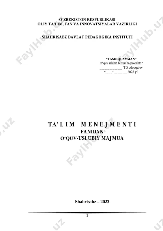 ...................... ____ testlar......................................................................................... ____ baholash mezonlari.................................................................... ____ qo‘shimcha materiallar.............................................................. ____ 5 o‘quv materiallari ma’ruza matni 6 1-mavzu: menejment fani predmeti va vazifalari. reja: 1. menejment fanining shakllanishi 2. ta’lim menejmenti 3. menejment predmeti va izlanish uslublari. mamlakatimizda amalga oshirilayotgan ijtimoiy-iqtisodiy islohotlar jarayonida ishlab chiqarishni rivojlantirish, tashkilot va korxonalarning iqtisodiy barqarorligini ta’minlash ko‘p jihatdan zamon talablariga javob beradigan rahbar va mutaxassislarni tayyorlash sifatiga bog‘liq. bugungi kunda ijtimoiy yo‘naltirilgan bozor iqtisodiyotini barpo etish sharoitida rahbarlarni (boshqaruvchilarni) tayyorlash, ularning malakasini oshirish va qayta tayyorlashda menejment fani alohida o‘rin tutadi. menejment fanining shakllanishi va rivojlanish bosqichlari uzoq vaqt davom etib kelayotgan tarixiy davrlar bilan izoxlanadi, menejment alohida, mustaqil fan sifatida xix asrning oxiri va xx asr boshlarida shakllandi. menejment - inglizcha so‘z bo‘lib, o‘zbek tilida boshqaruvni tashkil etish (boshqarish, boshqaruv hokimiyati, tashkil etish), rahbarlik qilish (rejalashtirish, tartibga solish-muvofiqlashtirish, nazorat qilish) ma’nolarini anglatadi. menejment - bu koʻzlangan maqsadlarga erishish uchun faoliyatni, ya’ni insonlar yoki ularning …