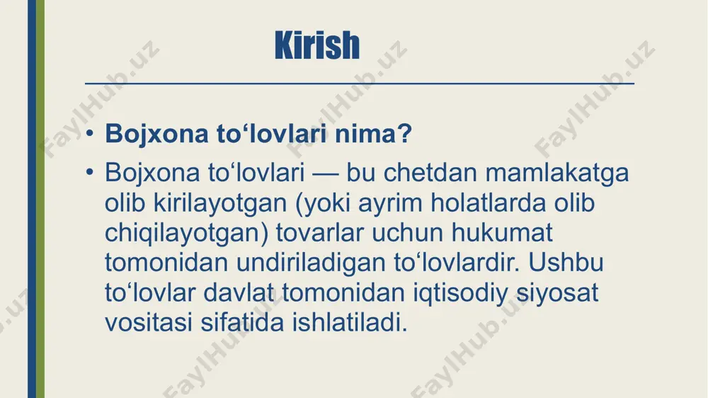 vat) -- bu mahsulot yoki xizmat narxining bir qismidir, uni yakuniy iste’molchi to‘laydi, lekin uni ishlab chiqaruvchilar va sotuvchilar davlatga topshiradi. import qilinayotgan mahsulotga nisbatan belgilanadi, odatda bojlangan qiymat asosida. masalan: 15% qqs. misol: siz chetdan $1000 qiymatdagi tovar import qilasiz. bojxona boji $100 bo‘lishi mumkin. qqs stavkasi 15% bo‘lsa, unda hisoblash quyidagicha: qqs=(1000+100)×15%=1100×0.15=165 dollar aksiz solig'i aksiz solig'i — bu ma'lum bir tovarlar, ayniqsa, alkogol ichimliklari, tamaki mahsulotlari, yoqilg'i va boshqa ba'zi mahsulotlarga solinadigan dolzarb bir turdagi fiskal soliq. bu soliq asosan hukumat uchun daromad manbai bo'lib, ko'pincha iste'molchilar tomonidan to'lanadi va mahsulot narxiga qo'shiladi. aksiz solig'i quyidagi maqsadlarda ishlatilishi mumkin: ijtimoiy himoya: alkogol va tamaki kabi sog'liq uchun zararli mahsulotlarni kamaytirish. iqtisodiy boshqaruv: mahsulotning narxini ko'tarish orqali iste'molni tartibga solish. davlat byudjeti: soliq tushumlarini oshirish va davlat byudjetini ta'minlash aksiz solig'i mahsulotning turiga va hukumat tomonidan belgilangan stavkaga qarab hisoblanadi. odatda, aksiz solig'i quyidagi usullar bilan hisoblanadi: prosentli …