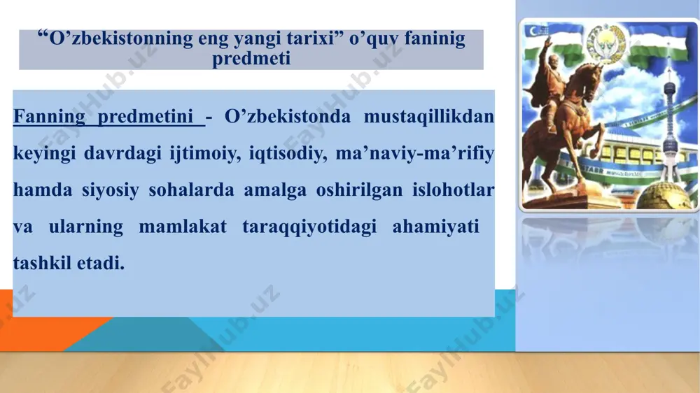 etiladi. hozirgi kungacha 7 mingdan ortiq sog'liqni saqlash, maktabgacha ta'lim muassasalari va maktablar yuqori tezlikdagi internetga ulangan bo'lsa, keyingi 2 yilda yana 12 mingta muassasa tezkor internetga ulanadi xulosa foydanildan adabiyotlar: 1. муртазаева р.х. ва boshqalar. o'zbekiston tarixi. o'quv qo'llanma. . -t.:akademiya 2010. 2. oblomurodov n., va boshqalar. o'zbekiston tarixi. o'quv qo'llanma. -i: yangi asr avlodi, 2011. 3. o'zbekiston respublikasi prezidenti sh. mirziyoevning 2018 yil 5 iyundagi "oliy ta'lim muassasalarida ta'lim sifatini oshirish va ularning mamlakatda amalga oshirilayotgan keng qamrovli islohotlarda faol ishtirokini ta'minlash bo'yicha qo'shimcha chora-tadbirlari to'g'risida" pq-3775-sonli qarori. 4. mirziyoev sh.m. qonun ustuvorligi va inson manfaatlarini ta'minlash yurt taraqqiyoti va xalq farovonligining garovi. - toshkent: o'zbekiston, 2017. 5. mirziyoev sh.m. milliy taraqqiyot yo'limizni qat'iyat bilan davom ettirib, yangi bosqichga ko'taramiz. t. 1. -toshkent: o'zbekiston.. 2017. 6. mirziyoev sh.m. buyuk kelajagimizni mard va oliyjanob xalqimiz bilan birga quramiz. - toshkent: o'zbekiston. 2017. 7. o‘zbekiston respublikasi prezidenti shavkat mirziyoyevning oliy …
