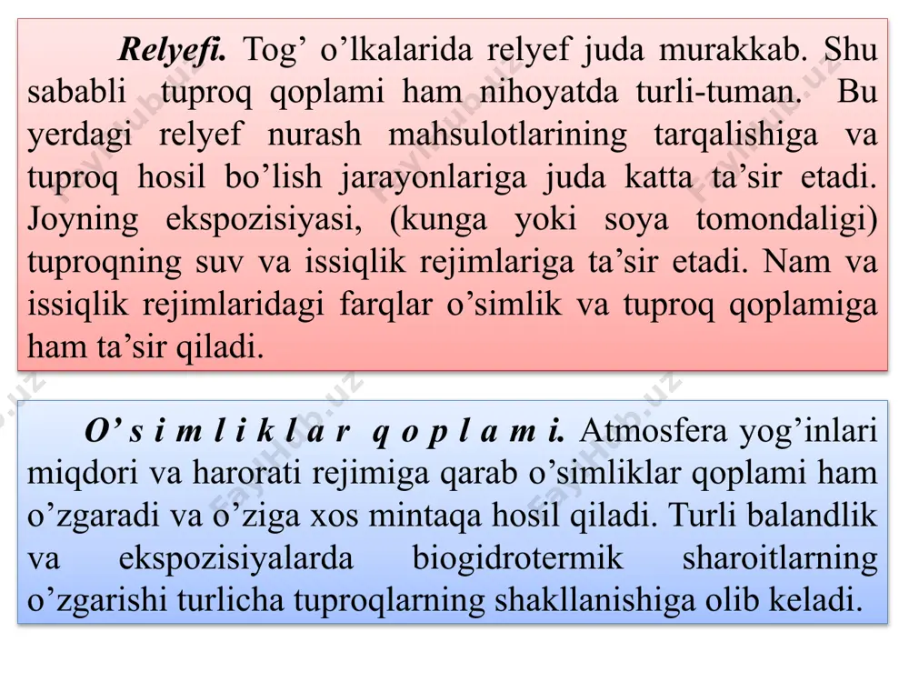 rning taqirsimon cho’l tuproqlari rivojlangan. ba’zan sho’rlangan va sho’rtoblangan tuproqlar ham uchraydi. mutloq balandligi 1000-2500 m bo’lgan tog’ yonbag’irlarida buta va o’tloq tipchoqli dashtlarda tog’ jigarrang hamda tog’-kashtan tuproqlar shakllanadi. tog’larning yanada balandroq qismidagi (2000-2800 m) o’tloq o’rmon mintaqasi va o’tloq dashtlarda tog’-qora tuproqlari, yong’oqli o’rmonlarda qora-qo’ng’ir (qo’ng’ir) tuproqlar va qora qarag’ayli o’rmonlari, archazorlarda tog’-o’rmon tuproqlari tarqalgan. 2800 -3500 m balandlikda ko’proq subalp mintaqasining tog’ tuproqlari, jumladan tog’-o’tloq tuproqlari, tog’-o’tloq-dasht va o’tloq-qora tuproqlar uchraydi. baland tog’ mintaqasida (3200-5000 m) alp tipidagi tuproqlardan o’tloq-dasht, va torfli o’tloq tuproqlari rivojlangan. tog’larning ancha balandroq qismi poligonal tundra-torfli tuproqlari bilan egallangan. markaziy tyanshanning tuproq mintaqalarida o’tloq-botqoq, o’tloq sho’rlangan tuproqlari va sho’rxoklar ham uchraydi tog’-o’rmon tuproqlarida gumus 6,0-8,5 foizgacha bo’lib, gumusli gorizont ham ancha cho’ziq. shunga ko’ra azot miqdori ham ko’p (0,25-0,46 foiz). tuproqning yuqori gorizontlarida harakatchan fosfor va kaliy miqdori ham ancha yuqori. tog’li o’lkalarda suv eroziyasi keng rivojlanganligi sababli, ko’pincha dehqonchilik olib borishni …