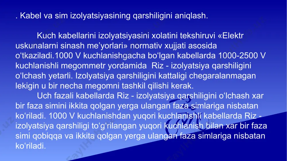 li toklarni (10-14 a va undan kichik) oʻlchashga toʻgʻri keladi. bu esa maxsus moslamalar va usullarni qoʻllashni takozo etadi. oʻtgan maruzlarimizda aytdiki namuna qarshiligi toʻgʻridan-toʻgʻri yoki bilvosita usullar bilan oʻlchanadi. toʻgʻridan-toʻgʻri oʻlchovlarda lampali yoki yarim oʻtkazgichli megaometrlardan foyalaniladi. ushbu oʻlchov asboblarini koʻrsatkichlaridan qarshilikni qiymatlarini olish mumkin. oʻlchov diapozoniga qarab megaometrni mumkin boʻlgan xatolik chegarasi ±5 dan ±20 % gachani tashkil qiladi. bilvosita oʻlchovlarda namuna qarshiligi undan oʻtuvchi tokni oʻlchash va xisob kitob qilish yoʻli bilan aniqlanadi. tok (kuchlanish) qiymatini oʻlchashda yuqori sezgirlikka ega boʻlgan magnitoelektrik galvonometr, elektrostatik va elektron elektrometrlardan foydalaniladi. ushbu asboblar yuqori sezgirlikga ega boʻlganni uchun tokni 10-17 a qiymatini oʻlchash imkonini beradi (tokni bu qiymatida oʻtkazgichni koʻndalang kesimidan bor yoʻgʻi 62 dona elektron oʻtadi). toʻgʻridan-toʻgʻri ogʻish usuli. galvonometrni tokka sezgirligini si va kuchanishga sezgirligini su bilan farqlanadi. galvonometrni teskari sezgirlik qiymati uni doimiyligi deyiladi va u xam tokka ci va kuchlanishga cu bilan farqlanadi. galvonometrni si tokka …