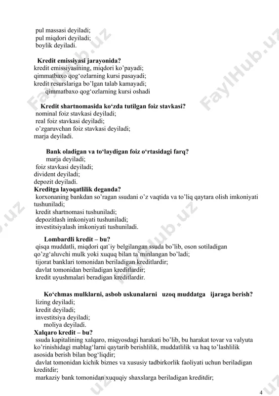 b, bu harakat tovar va valyuta ko’rinishidagi mablag‘larni qaytarib berishlilik, muddatlilik va haq to’lashlilik asosida berish bilan bog‘liqdir; davlat tomonidan kichik biznes va xususiy tadbirkorlik faoliyati uchun beriladigan kreditdir; markaziy bank tomonidan xuquqiy shaxslarga beriladigan kreditdir; jismoniy shaxslarga beriladigan kreditlardir. kredit ob`ekti – bu? vaqtincha bo’sh turgan, qarzga berilishi mumkin bo’lgan pullar va tovarlar; korxonalarning xisob raqamlariga kelib tushgan pul mablag‘lari; aholi qo’lidagi pullar; davlat ixtiyoridagi pullar. tijorat banklarining investitsiyasi – bu? bank tomonidan turli mulk, shaklidagi korxona va tashkilotlarning qimmatli qog‘oz bank tomonidan berilgan kreditlardir; bank tomonidan jalb qilingan mablag‘lardir; bankning olgan daromadidir. ustav kapitali ? banklarning, o’z mablag‘lari hisoblanadi; jalb qilingan mablag‘‘lari hisoblanadi; banklarning daromadlari hisoblanadi; banklarning xarajatlari hisoblanadi. o‘zbekiston respublikasida : a. ikki bosqichli bank tizimi amal qiladi; b. bir bosqichli bank tizimi amal qiladi; s. uch bosqichli bank tizimi amal qiladi; d. faqat davlat banklari faoliyat yuritadi. o‘zbekiston respublikasi markaziy bankining asosiy maqsadi: pulkredit tizimi va …