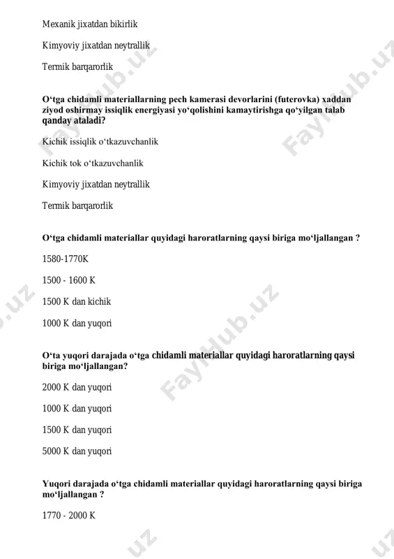 ki pozitsiyali rostlash to‘rt pozitsiyali rostlash besh pozitsiyali rostlash eqplar iste’mol qilayotgan quvvat miqdorini boshqarish quyidagi usullarning qaysi biri bilan amalga oshiriladi? uch fazali pechlar qizdiruvchi elementlarini “yulduz”dan “uchburchak” ulanish sxemasiga o‘tkazish yoki aksincha, va bir fazali pechlar qizdiruvchi elementlarini “ketma-ket” ulanish sxemasidan “parallel” ulanish sxemasiga o‘tkazish yoki aksincha, orqali pechni manbaga navbatma-navbat ulash va uzish orqali pechni manbaga navbatma-navbat ulash va uzish orqali 2) qo‘shimcha qarshilik ulash orqali qo‘shimcha qarshilik ulash orqali 2) uch fazali pechlar qizdiruvchi elementlarini “yulduz”dan “uchburchak” ulanish sxemasiga o‘tkazish qo‘shimcha qarshilik ulash orqali 2) bir turdagi pechlar guruxiga ulash orqali pech quvvati va haroratining o‘zgarish grafigi quvvat va haroratni boshqarishning qanday usulini ifodalaydi? qizdiruvchi elementlarni “yulduz” sxemasidan “uchburchak” sxemasiga o‘tkazish (uch fazali pech uchun) va qizdiruvchi elementni “ketma-ket” ulash sxemasidan parallel” ulash sxemasiga o‘tkazish qo‘shimcha qarshilik ulash pechni manbaga navbatma-navbat ulash va uzish (ikki pozisiyali boshqarish impuls usulida boshqarish qepda ish haroratini rostlashni necha usulda …