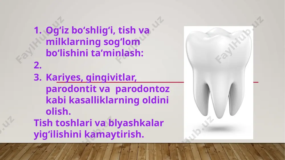 alliklarni sezilarli darajada kamayishiga sabab bo’lar ekan. eng asosiysi, profilaktik yo’li bilan tishlar salomatligini yaxshilash, ularning kasalliklarini va asoratlarini davolash yo’li bilan bartaraf etishdan 20 marotaba arzonga tushishi aniqlangan. stomatologik kasalliklar profilaktikasi – bu og’iz bo’shlig’i a’zolari, parodont kasalliklarini, ularning rivojlanishini kompleks tadbir choralari ishlab chiqib tadbiq qilish asosida oldini olishdan iboratdir. bugungi kunga kelib shu narsa ma’lum bo’ldiki, yuqori malakali davolash ishlarining amalga oshirish bilan parodont kasalliklarining tarqalishi va jadalligini pasaytirish bir muncha murakkabligini koʻrsatadi. parodont kasalliklarining keng tarqalganligini bugungi kunda ushbu xastaliklarning etiologiyasi va patogenezi bir muncha o’rganilganligini inobatga olinganda, ularni kamaytirishning birdan bir yo’li mazkur kasalliklarni oldini olish borasida samarali, ommaviy usullarni qidirib topish va tadbiq qilish stomatologlar oldida turgan asosiy vazifa ekanligini ko’rsatadi xulosa: ogʻiz boʻshligʻi gigiyenasi nafaqat sogʻliqni saqlash, balki insonning umumiy farovonligiga ham bevosita taʼsir qiladi. shu sababli, oddiy gigiyenik qoidalarga rioya qilish orqali ko‘plab muammolarni oldini olish mumkin. foydalanilgan adabiyotlar 1. patrikeev v.k., …