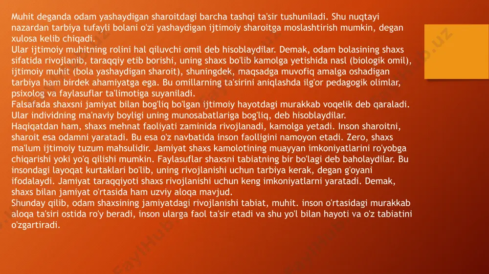 ta'siri ham muhim. bu tarbiya tizimi orqali amalga oshiriladi. ya'ni, birinchidan, tarbiya ta'sirida muhit bera olmagan bilim, ma'lumot egallanadi, mehnat va texnik faoliyat bilan bog'liq ko'nikma va malakalar hosil bo'ladi. ikkinchidan, tarbiya tufayli tug'ma kamchiliklar ham o'zgartirilib,shaxs kamolga yetadi. uchinchidan, tarbiya yordamida muhitning salbiy ta'sirini hamyo'qotish mumkin. to'rtinchidan, tarbiya kelajakka qaratilgan maqsadni belgilaydi. demak, tarbiya bilan rivojlanish bir-biriga ta'sir etadi, bu tarbiya doimiy va uzluksizdir. shunday qilib, bola shaxsining rivojlanishida tarbiya ham yetakchi o'ringa ega bo'lib, tarbiya tufayli nasl-nasabi, oila muhiti , ijtimoiy muhit ta'sirida har tomonlama rivojlanishga qodir, degan xulosani chiqarish mumkin. ko’p insonlar insonni shaxs sifatida shakillanishida,hayoti davomidagi turli faoliyatida irsiyat muhim ahamiyatga ega deb hisoblasalar, boshqalar undan muhimroq faktor yani ijtimoiy muhit muhim ro’l o’ynashiga ishonadilar. bu psixalogiyaning ko’p tarmoqlarida juda bahs-munozarali savol bo’lib kelgan.o’zimiz ham bu fikrlarni birini yoki muhimroq sanaymiz va hatto ayrinmlarimiz birini mutlaqo rad etamiz. shu mavzu ostidagi tayyorlangan mustaqil ishimizda buni yoritib …