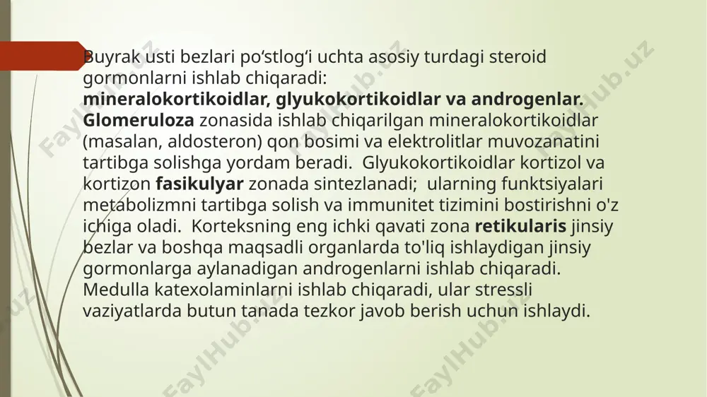 atijasidir, buning natijasida kortikosteroidlarni chiqaradigan kortikal moddaning hujayralarining 90% dan ortig'i yo'q qilinadi. ikkilamchi gipokortisizm ikkilamchi buyrak usti etishmovchiligi gipofiz bezining patologiyasidan kelib chiqadi, bu kortikotropin (acth) sekretsiyasining etishmasligiga olib keladi. ikkilamchi gipokortisizm odatda boshqa endokrin bezlarning etishmovchiligi va o'sish gormoni (gh) etishmovchiligi bilan bog'liq [3]. uchinchi darajali gipokortisizm uchinchi darajali adrenal etishmovchilik gipotalamus mintaqasining turli lezyonlari bilan rivojlanadi, ko'pincha shish yoki yallig'lanish xarakteriga ega. kasallik 30 yildan keyin rivojlanadi, ayollar erkaklarnikiga qaraganda ikki baravar tez-tez kasal bo'lishadi. tarqalishi 100 ming aholiga taxminan 4-11 holatni tashkil etadi klinik belgilari gipokortisizm zaiflik charchoq depressiya arterial gipotenziya glyukokortikoid terapiyasi buyurilgan asosiy kasallikning kuchayishi jiddiy stress fonida, agar bemor o'z vaqtida glyukokortikoidlar dozasini oshirmasa, gipoadrenal inqiroz rivojlanishi mumkin. e’toboringiz uchun raxmat. image1.png image2.png image3.png image4.png image5.png image6.png /docprops/thumbnail.jpeg