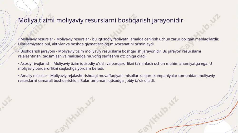 iverifikasiya strategiyasi - investitsiyalarni diversifikatsiya qilish moliyaviy risklarni kamaytiradi. turli aktivlar bo'yicha taqsimlash tavakkalni pasaytiradi. • xulosa - moliyaviy risklarni boshqarish muvaffaqiyatli investitsiyalar uchun muhimdir. o'z vaqtida amalga oshirilgan tahlillar katta foyda keltiradi. moliyaviy savodxonlik xaridlarni yaxshilashga yordam beradi • moliyaviy savodxonlik tushunchasi - moliyaviy savodxonlik shaxslarning o'z mablag'larini boshqarish qobiliyatini anglatadi. bu bilim xaridlar qilishda oqilona qarorlar qabul qilishga yordam beradi. • xarid qilishdagi ahamiyati - moliyaviy savodxonlik xarid qilish jarayonida muhim rol o'ynaydi. xaridlarni rejalashtirish va to'g'ri tanlovlar qilish mumkin bo'ladi. sarmoyalarni diversifikatsiyalash risklarni kamaytiradi • diversifikatsiya ta'rifi - diversifikatsiya sarmoyalarni bir nechta variantlarga taqsimlash jarayonidir. bu yondashuv investorlar uchun risklarni kamaytirishga yordam beradi. • risklarni kamaytirish - sarmoyalarning turli sohalarga taqsimlanishi balansni ta'minlaydi. agar bir sektorda muammo yuzaga kelsa, boshqa sektorlardan daromad olish davom etadi. • misollar - investorlar aksiyalar, obligatsiyalar va ko'chmas mulk kabi xilma-xil instrumentlarga sarmoya kiritishi mumkin. har bir aktiv turli xavflarga ega. • …