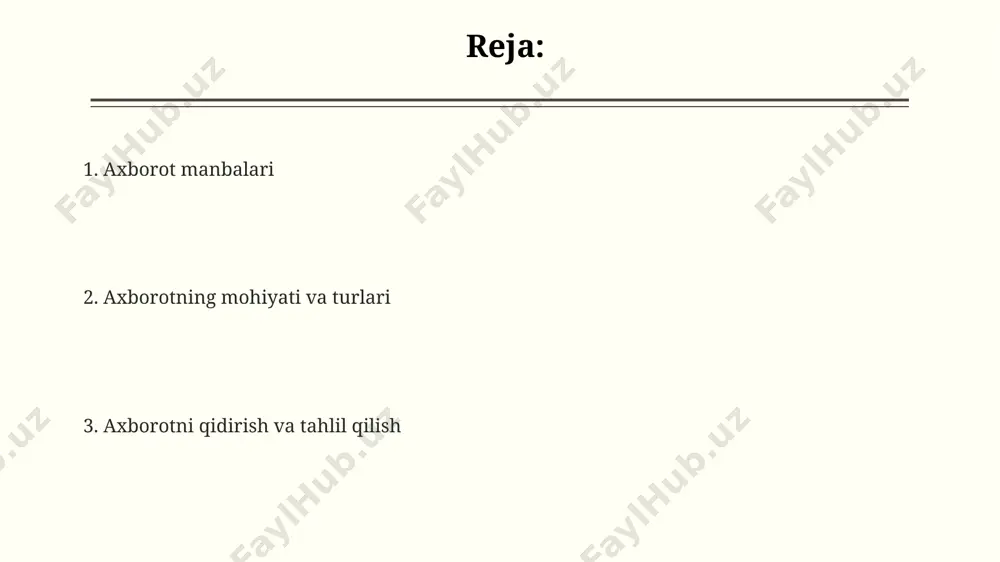t yurituvchi katta ma'lumotlar omboridir. elektron manbalar elektron manbalar internet orqali 24/7 kirish imkoniyatini taqdim etadi, bu esa foydalanuvchilarga ma’lumotlarga geografik cheklovlarsiz, taxminan milliardlab veb-sahifalar orqali kirish imkonini beradi. elektron kutubxonalar raqamli formatdagi 10 minglab kitoblar, maqolalar va boshqa hujjatlarni o'z ichiga oladi, bu an'anaviy kutubxonalarga qaraganda ancha katta hajmdagi ma'lumotlar bazasini taqdim etadi. elektron manbalarning ishonchlilik darajasini aniqlash uchun manbaning avtoriteti, nashr etilgan sanasi va ma'lumotning manbalari kabi metadata elementlarini tekshirish muhim ahamiyat kasb etadi. statistik ma'lumotlar statistik ma'lumotlarning ishonchliligi namunaviy hajmi va to'plamning reprezentativligiga bog'liq bo'lib, katta hajmli namunalar (masalan, 1000 dan ortiq) odatda yuqori ishonchlilik darajasini ta'minlaydi. standart og'ish va dispersiya kabi tarqalish o'lchovlar statistik ma'lumotlarning qanchalik tarqalganligini ko'rsatadi; masalan, standart og'ish 5 bo'lsa, ma'lumotlar o'rtacha qiymat atrofida juda tarqalgan degan ma'noni anglatadi. o'rtacha qiymat, median va moda kabi markaziy moyillik o'lchovlarini hisoblash statistik ma'lumotlarni tahlil qilish va tushunishda muhim rol o'ynaydi, bu esa ma'lumotlar tarqalishini aniqlashga …