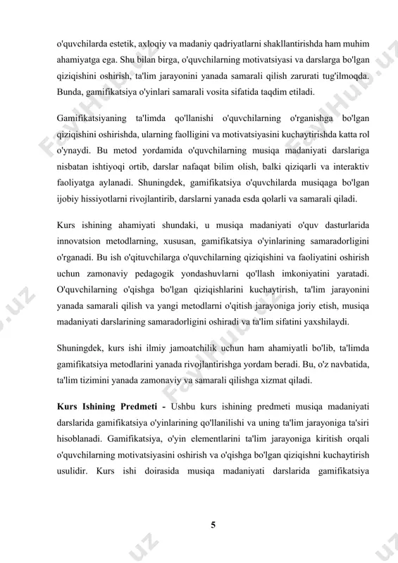 anishga bo'lgan qiziqishi va faolligini oshirish. kurs ishining asosiy predmeti musiqa madaniyati darslarida gamifikatsiyaning qanday qo'llanishi va bu metodning ta'lim jarayoniga bo'lgan ijobiy ta'siridir. kurs ishining maqsadi - ushbu kurs ishining maqsadi musiqa madaniyati darslarida gamifikatsiya o'yinlarining ta'sirini o'rganish va ularning o'quvchilarning motivatsiyasiga, o'rganish jarayoniga va umumiy ta'lim sifatiga qanday ta'sir ko'rsatishini tahlil qilishdir. kurs ishida quyidagi asosiy maqsadlar ko'zda tutilgan: 1. musiqa madaniyati darslarida gamifikatsiya o'yinlarining samaradorligini aniqlash: o'yin elementlarining ta'lim jarayoniga qanday qo'llanilishini va ularning o'quvchilarning o'rganishga bo'lgan qiziqishini qanday oshirishini o'rganish. 2. gamifikatsiyaning o'quvchilarning faolligi va motivatsiyasiga ta'sirini tahlil qilish: musiqa madaniyati darslarida gamifikatsiya o'yinlari orqali o'quvchilarning o'qishga bo'lgan ishtiyoqi va faolligini qanday oshirish mumkinligini o'rganish. 3. gamifikatsiya metodlarining musiqa madaniyati darslarida amaliy qo'llanilishini o'rganish: o'qituvchilar va o'quvchilar fikrlarini tahlil qilish orqali, gamifikatsiyaning amaliy yondashuvlarini va o'zgarishlarni aniqlash. 4. musiqa madaniyati darslarida gamifikatsiya o'yinlarining o'quvchilarga ta'sirini baholash: gamifikatsiya yordamida o'quvchilarning musiqa nazariyasini va amaliyotini o'zlashtirishda qanday muvaffaqiyatlarga …