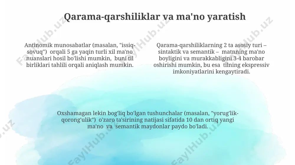 ilishda muhim rol o'ynaydi. qarama-qarshiliklarning kommunikativ samaradorligi 2-3 xil til birligida (masalan, antonimlar, sinonimlar) ifodalanadi va matnning mazmuniy boyligini 15-20% ga oshiradi. til va fikrlashdagi qarama-qarshiliklar til va fikrlashdagi qarama-qarshiliklar, masalan, "yaxshi" va "yomon" kabi 2 ta qarama-qarshi tushunchaning bir vaqtning o'zida mavjudligi va ularning o'zaro bog'liqligi orqali inson tafakkurining murakkabligini ko'rsatadi. "til va fikrlashdagi qarama-qarshiliklar" tadqiqotida semantik paradokslar (taxminan 5-10 ta asosiy turdagi) tilning mantiqiy chegaralarini aniqlash va fikrlashning noaniqliklarini o'rganish uchun muhim ahamiyat kasb etadi. antonomlar yoki qarama-qarshi so'zlar (masalan, katta/kichik, qora/oq) tilning 30% dan ortig'ini tashkil qiladi va fikrlash jarayonida taqqoslash, farqlash va tahlil qilish mexanizmlarini faollashtiradi. qarama-qarshiliklar va madaniy kontekst madaniy kontekstdagi qarama-qarshiliklarni tahlil qilish, 10 ta turli til oilasini o'rganish orqali, semantik va pragmatik xususiyatlarni aniqlashga imkon beradi. qarama-qarshiliklarning 30% dan ortig'i madaniy kontekstga bog'liq bo'lib, turli xalqlarning qadriyatlari va e'tiqodlariga mos keladigan ifodalarni keltirib chiqaradi. lingvistik qarama-qarshiliklar, masalan, oksyumoronlar, 2 ta zid ma'nolarni birlashtirib, …