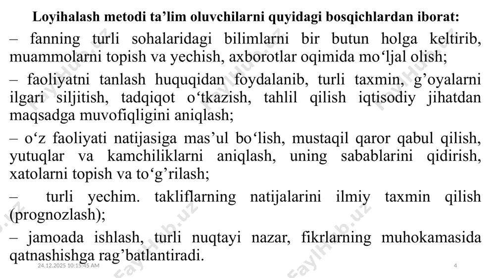 0.2021 20:36:26 10 4-bosqich. loyihaning soʻnggi varianti ekspertga, taqrizga beriladi. bunda matn aniq asoslangan boʻlib, bajarilgan ishlarning mazmuni va erishilgan natijalarni gavdalantirishi kerak. matnda, albatta, jadvallar, grafiklar, chizma, dasturlar va boshqa shunga oʻxshash materiallar boʻlishi shart. 5-bosqich. ish taqrizga beriladi. loyihaga ekspert xulosasi olinadi, tashqi taqriz natijasini e’lon qilingach, tugallangan hisoblanadi. 6-bosqich. loyiha taqdimoti. taqdimot loyihada bajarilishi belgilangan mezonlar asosida yoki komissiya a’zolari tomonidan baholanadi. a’zolar tarkibi loyiha ishlab chiqilayotganda aniqlanadi. tayyorlangan loyihani koʻrib chiqib, tanlanib, soʻngra tayyorlangan hisobot koʻrib chiqiladi. 11.10.2021 20:36:26 11 hay’at ishni baholashi uchun baholash mezonlari ishlab chiqiladi. bu mezonlar muammoni oʻrganish darajasi, matnni aniq tushunarli tarzda bayon qilinishi, oʻziga xosligi, rasmiylashtirish sifati, koʻrgazmali, namoyish materiallardan foydalanilgani, berilgan takliflar va ularni muammoni yechishga yordam berishi va boshqa jihatlarini mujassamlashtirilgan boʻlishi kerak. dars jarayonida kichik guruhlar tayyorlagan loyihalarni oʻqituvchi boshchiligida talabalardan tuzilgan hay’at baholashi mumkin. 11.10.2021 20:36:26 12 boshqa hech qaysi metod oʻquvchi-talabalarda bu metodchalik mas’uliyatni his …