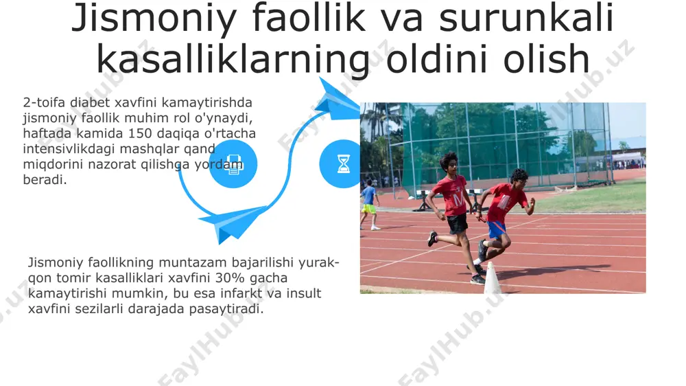 itet tizimini mustahkamlash jismoniy tarbiya mashg‘ulotlari immunitet hujayralari sonini 20-30% ga oshirishi va ularning faolligini yaxshilash orqali infektsion kasalliklarga chidamliligini kuchaytiradi. muntazam jismoniy faollik yallig‘lanishga qarshi sitokinlar ishlab chiqarishni 40% gacha oshirib, immunitet tizimining yallig‘lanishga javobini optimallashtiradi. muntazam jismoniy faollik yallig‘lanishga qarshi sitokinlar ishlab chiqarishni 40% gacha oshirib, immunitet tizimining yallig‘lanishga javobini optimallashtiradi. jismoniy tarbiyaning inson salomatligidagi o'rni muntazam jismoniy mashqlar metabolizmni tezlashtiradi, tana yog‘ining 20% gacha kamayishiga yordam beradi va 2-toifa diabet xavfini sezilarli darajada pasaytiradi, insulin sezgirligini oshiradi. jismoniy tarbiya yurak-qon tomir tizimining sog‘lom ishlashini ta’minlaydi, qon bosimini va xolesterin miqdorini 10-15% ga kamaytiradi, shu bilan yurak-qon tomir kasalliklari xavfini sezilarli darajada pasaytiradi. uyqu sifatini yaxshilash haftada kamida 150 daqiqa oʻrtacha intensivlikdagi jismoniy faoliyat uyqu sifati va davomiyligini sezilarli darajada yaxshilaydi, uyqusizlik xavfini 15% ga kamaytiradi. jismoniy tarbiya bilan muntazam shugʻullanish, uyquning chuqur bosqichlarida oʻtkaziladigan vaqtni 30% ga oshirishi va uyqusizlik bilan bogʻliq muammolarni kamaytirishi mumkin. e'tiboringiz uchun …