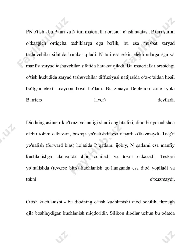 susiyatlarga ega bo'lgan diodlar ishlatiladi, masalan, qisqa vaqtli chaqindorlik, tezkor javob, yuqori signalli sadoqat va ulkan kuchlanish bardoshliklari talab etiladi. yaxshi moslashtirilgan diodlar elektron tizimlarni samarali ishlashini ta'minlaydi va yangi texnologiyalar rivojlanishiga imkon beradi. 3. zener diodlar zener diodlar elektron komponentlardir, ular yarimo'tkazgich diodlarning o'ziga xos bir turi. zener diodning o'ziga xosligi shundaki, u teskari polarizatsiya ostida muayyan kuchlanishda "pastroq qarshilik" bilan ishlaydi, bu kuchlanish "zener kuchlanish" deb ataladi. ushbu kuchlanish chegarasidan oshib ketganda, zener diod o'z teskari qarshiligini kamaytiradi va o'zidan katta miqdorda oqim o'tkazadi, lekin kuchlanishni zener kuchlanish darajasida ushlab turadi. zener diodlarning asosiy xususiyatlaridan biri muayyan zener kuchlanish darajasida kuchlanishni barqarorlashtirishidir. bu ularni kuchlanish regulyatorlari sifatida juda foydali qiladi. misol uchun, 5.6 volt zener diod zener kuchlanishi 5.6 volt bo'lib, teskari bias ostida kuchlanish shu qiymatda saqlanadi, hatto yuklangan oqim o'zgarsa ham. zener diodlar keng tarqalgan zener kuchlanish oralig'ida mavjud: 1.8 voltdan 200 voltlargacha. eng keng tarqalgan …