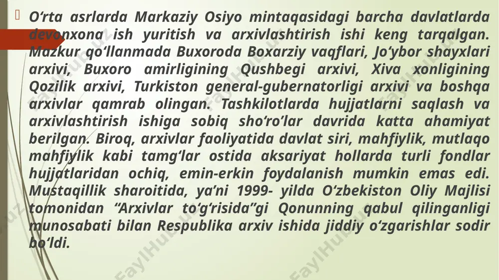 uquqiy jihatlarini belgilab berdi (mustaqillik davrida qabul qilingan arxiv haqidagi hujjatlar qo’llanmaga ilova qilinadi). arxivshunoslikning o‘quv fani sifatida joriy etishdan maqsad – talabalarda sharqda, jumladan, markaziy osiyo mintaqasida arxivshunoslik va arxiv ishining yo‘lga qo‘yilishi arxiv materiallaridan tarixiy ma’lumotlar olish masalalari bo‘yicha tasavvur, bilim, ko‘nikma va malaka shakllantirishdir. fanning maqsqdi va vazifasi talabalarga markaziy osiyo mintaqasida qadimdan to hozirgacha iltimoiy, iqtisodiy, siyosiy, ma’muriy boshqaruv, davlatchilikda mahkamachilik ish yuritish tizimi, devonxona ish usullari va arxivlashtirish tarixini yoritishdan iborat; talabalarni devonxona va arxiv ishining taraqqiyot dinamikasi bilan tanishtirish; qadimgi zamon arxivlarining tarixiy funksiyalari haqida ma’lumot berish; arxiv haqidagi materiallar orqali manbashunoslikning muhim sohasi haqida bilim berish, davlatchilik jarayonlari rivojida arxivshunoslikning ahamiyatini ko‘rsatib berish bilan yosh tarixchi-sharqshunos kadrlarda arxiv tarixi faktlaridan o‘z ilmiy, va amaliy faoliyatlarida samarali foydalanish malakasi hamda ko‘nikmasini berish. arxivlar qadimgi davrdan boshlab shakllangan. markaziy osiyo mintaqasi miloddan avvalgi i ming yillikning birinchi choragidan, ya’ni ilk temir davridan boshlab hududiy davlatchilik …