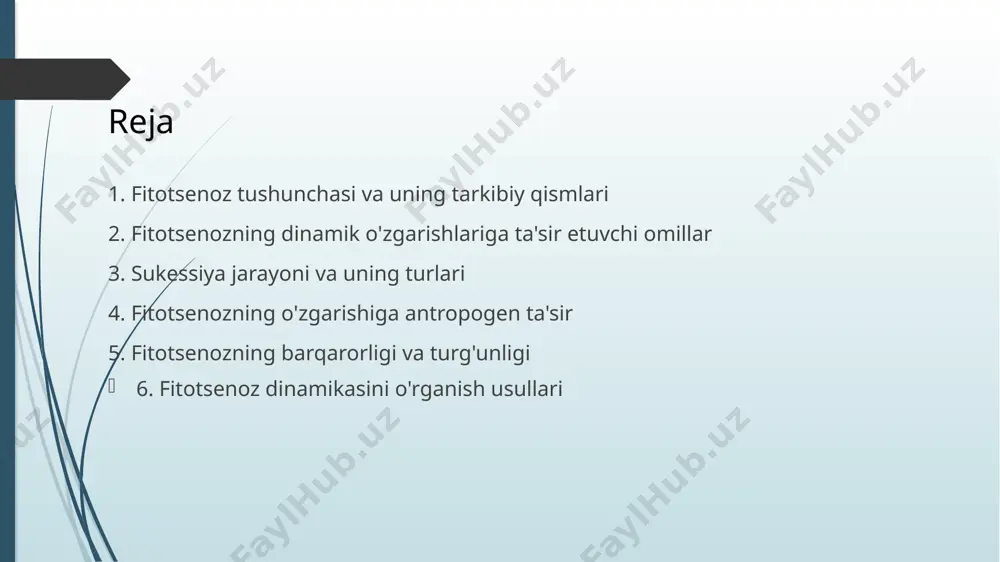 pogen sukessiya esa inson faoliyati bilan bog'liqdir. sukessiya natijasida o'simliklarning tuzilishi va tarkibi o'zgaradi. bu jarayon ekologik muvozanatni saqlashda muhim rol o'ynaydi. sukessiya jarayoni sukessiya ikki turga bo'linadi: birlamchi va ikkilamchi. birlamchi sukessiya bo'sh joyda, masalan, vulqon otilganidan keyin yoki muzlikdan keyin boshlanadi. bu jarayon uzoq davom etadi. ikkilamchi sukessiya esa oldingi jamoa buzilganidan keyin boshlanadi. masalan, yong'indan keyin yoki o'rmon kesilganidan keyin. ikkilamchi sukessiya tezroq sodir bo'ladi. chunki tuproq va o'simlik urug'lari saqlanib qolgan bo'ladi. har ikkala sukessiya turi ham muhim ekologik jarayonlardir. ular ekologik muvozanatni saqlashda muhim rol o'ynaydi. sukessiya jarayonini o'rganish ekologiyada muhim ahamiyatga ega. sukessiya turlari inson faoliyati fitotsenozlarga katta ta'sir ko'rsatadi. dehqonchilik, sanoat va shaharsozlik fitotsenozlarning tarkibi va tuzilishini o'zgartiradi. o'rmonlarning kesilishi va yo'q qilinishi biologik xilma-xillikni kamaytiradi. ifloslanish o'simliklarning o'sishini va rivojlanishini sekinlashtiradi. pestitsidlar va gerbitsidlar o'simliklarga zararli ta'sir ko'rsatadi. qishloq xo'jaligidagi intensiv usullar tabiiy fitotsenozlarni yo'q qiladi. antropogen ta'sir natijasida ko'plab o'simlik turlari …