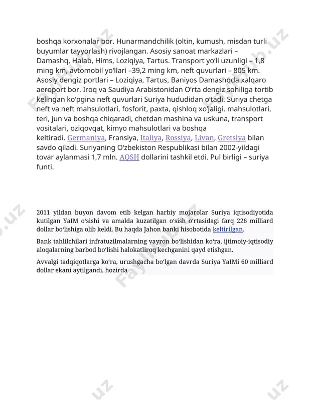 ganda aynan unga qarashli obyektlar dastlab hujumga uchragan. urushning iqtisodiy sabablari va urush iqtisodiyoti bu o‘zgarishlar bir tarafdan o‘rta sinf va kam ta'minlanganlar, boshqa tarafdan esa boylar va o‘rta sinf orasidagi farq oshib ketishiga sabab bo‘ldi. shuningdek, shaharlar va qishloqlar hamda shaharlardagi mavzelar orasidagi farqlar ham yaqqol sezila boshladi. 2011-yilda boshlangan noroziliklar xaritasiga nazar solinsa, bu iqtisodiy siyosatdan eng ko‘p zarar ko‘rgan hududlarga to‘g‘ri kelishi ham bejizga emas. masalan, xoms yaqinidagi talkalax tumanida yashovchi ayrim ko‘chmanchi aholi vakillari qurg‘oqchilik tufayli yuzaga kelgan inqirozdan chiqish uchun livandan mazut kontrabandasi bilan shug‘ullanishni boshlagach, 2010-yilda hukumat bunga barham berish maqsadida 1200 kishini hibsga olgan va 2011-yilda bu hudud aholisi aynan yaqinlarini ozod qilish uchun qurolli mojaroga qo‘shilgan hamda keyinchalik ham urush o‘choqlaridan biri bo‘lib qolgan. shuningdek, damashq va halab darajasida taraqqiyot mevalaridan foydalana olmagan xoms aholisining noroziliklarga qo‘shilishiga aynan shu tengsizlik sabab bo‘lgan edi. qurg‘oqchilik oqibatida shaharlar chetiga kelib joylashgan va rasman shaharga …