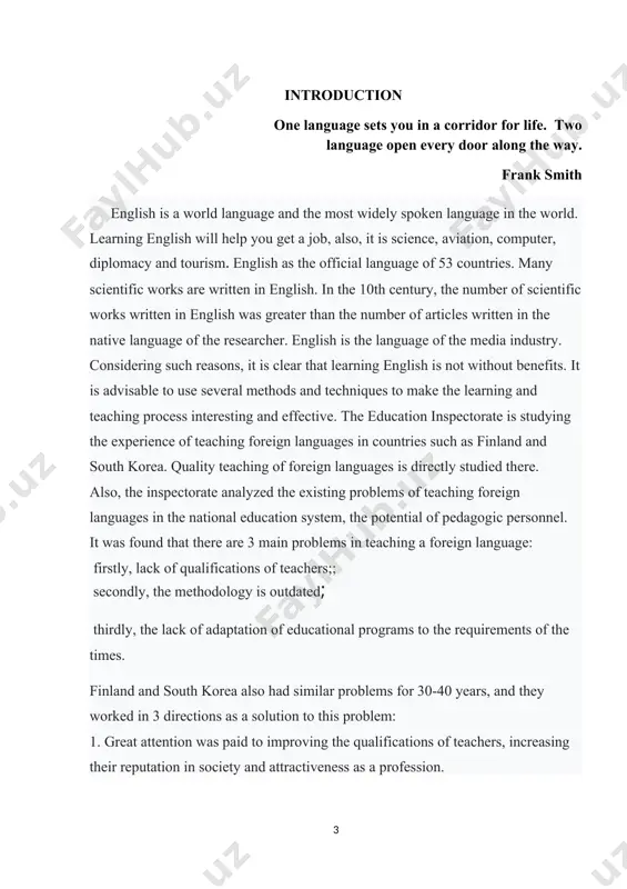 the goethe institute, the french alliance, koica, jaica and the non-governmental sector in this process. 2. introduction of private sector experience to training institutes and schools. in particular, it is recommended to use internationally recognized language teaching programs, to use game-based language teaching methods, to improve the ability to use software that allows independent language learning. in addition, the private sector, presidential schools and finland's experience in foreign language teaching should be widely disseminated and private sector services should be made affordable. the reason is that in some places, the private sector is doing what the state educational institutions could not do efficiently and with high quality. as our president noted, it is possible to organize foreign language training courses in educational institutions for pupils - students and teachers, even on the basis of a contract. the methodology of teaching english in schools is almost always the same and is …