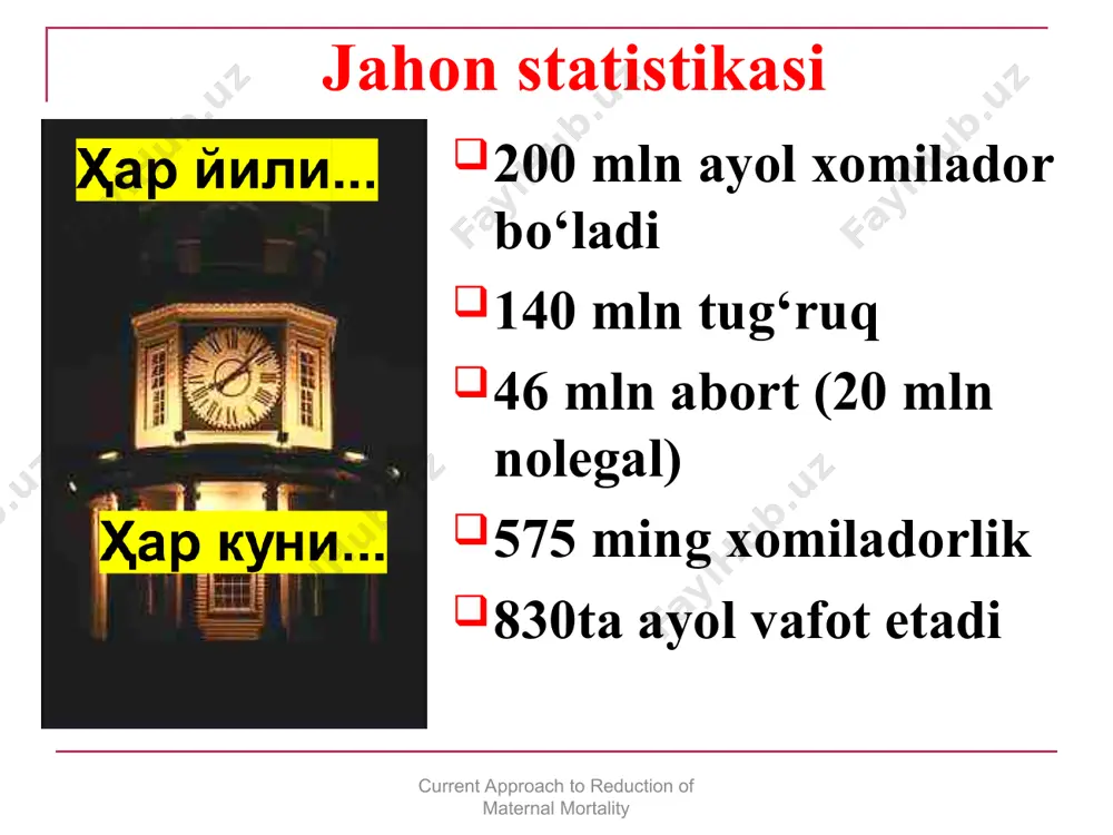 % tromboemboliya -15,5% somatik kasalliklar – 19,3% boshqa sabablar: hose-4,8% anestez. muammo-3,8% boshqa.- 1,5% 2018-2020 yil ko`rsatkichlari respublikada 2020 yil bo`yicha oo` respublikada xomiladorlik yoki tug‘ruq bilan bog‘liq bo‘lgan oo‘ 3 kunda 1 marta qayd etiladi. oo‘ og‘ir somatik kasalligi bo‘lgan xomilador ayollarda kuzatiladi. 2020 yilda – 12 (8.2%) (o‘zgarishsiz). oo‘ ning 10,1% ko‘p tuqqan ayollarda kuzatilgan – 3 va undan ko‘p (nisbatan kamaygan). oo‘ ning 69 nafari (47.5%) – birinchi marta tuqqan ayollar. 145ta oo‘ 101tasi (70%) – kesar kesish yo‘li bilan tuqqan. ularning 74 (52%) relaparatomiya o‘tkazilgan. xavfsiz homiladorlikni ta’minlash va oo‘ni kamaytirish tug‘ruqgacha sifatli antenatal parvarish ko‘rsatish optimal xavfsizlikka erishish uchun har bir ayol professional malakali yordam olishi lozim onalar o‘limi yuz beradigan muhim davr – tug‘ruqda malakali yordam ko‘rsatish current approach to reduction of maternal mortality * nima uchu bu ayollar o`ladi? kech murojat etish: asoratlarni to‘liq tushunmaslik onalar o‘limiga moyillik ayolning past ijtimoiy maqomi yordam …