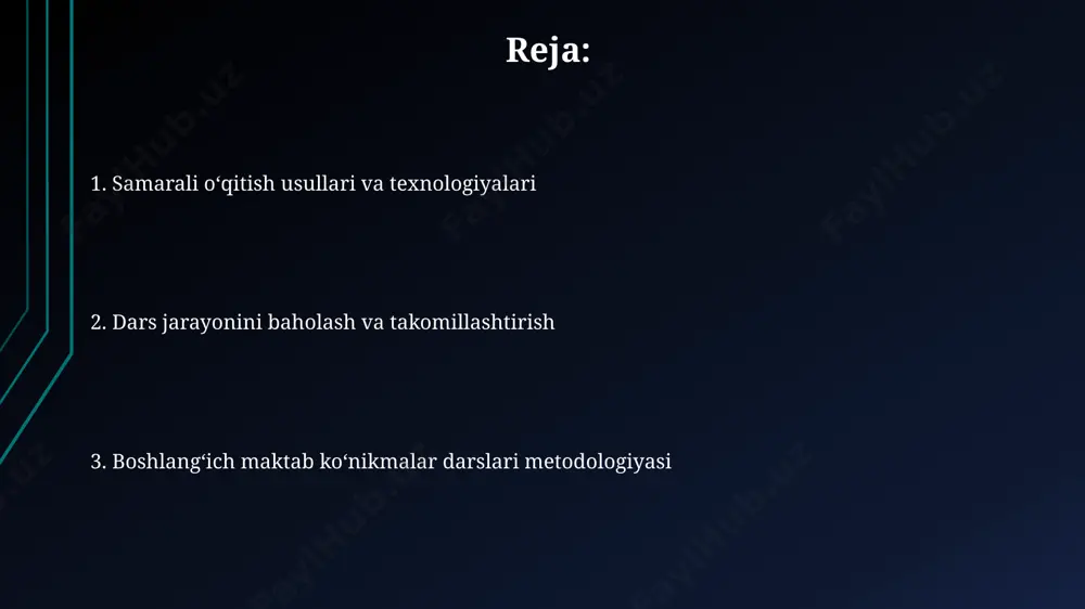 muntazam monitoring (kamida har 3 hafta) oʻtkazish individual yondashuvni ta’minlaydi. differensial topshiriqlar (3 ta turdagi murakkablik darajasi) va guruhdagi hamkorlik orqali oʻquvchilarning individual kuchli va kuchsiz tomonlarini hisobga olish oʻquv jarayonini samarali qiladi. davlat ta'lim standarti talablari standartlar, o'quvchilarning 100% o'zlashtirishi kerak bo'lgan muhim bilim va ko'nikmalarni, shuningdek, baholovchi mezonlarni, 3-sinf oxiriga qadar bilim va ko'nikmalarning umumiy darajasini aniqlab beradi. davlat ta'lim standarti 1-sinfdan 4-sinfgacha bo'lgan o'quvchilarning o'qish, yozish va hisoblash ko'nikmalarini aniq belgilaydi va ularning rivojlanishi uchun 40 dan ortiq ta'lim maqsadlarini o'z ichiga oladi. interfaol usullar va texnikalar "roll-playing" va "debating" kabi interfaol texnikalar o'quvchilarning muloqot ko'nikmalarini rivojlantirishda muhim rol o'ynab, ularning fikrlash tezligini 15% ga oshirishi mumkin. interfaol taxtalar va onlayn platformalardan foydalanish orqali, o'qituvchi dars jarayonida 3-5 ta turli interfaol usulni qo'llab, o'quvchilarning motivatsiyasi va qiziqishini 25% ga yaxshilashga erishishi mumkin. oʻqituvchining roli va vazifalari oʻqituvchi 3 ta asosiy koʻnikmalarni – oʻqish, yozish va hisoblashni – …