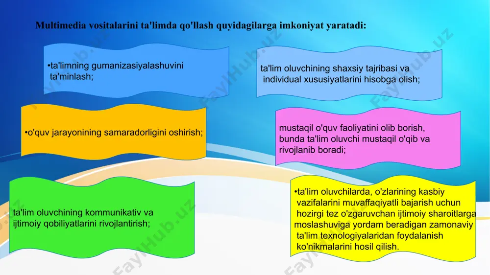 . internet o'qituvchining ma'lumotni topish va olishda ajralmas yordamchisiga, hamkasblar bilan muloqot qilish vositasiga aylanib bormoqda. axborot multimedia texnologiyalarining kiritilishi o'quv jarayonini texnologik va samaraliroq qiladi. ha, bu yo'lda qiyinchiliklar bor, xatolar bor va kelajakda ularni oldini olish mumkin emas. ammo asosiy muvaffaqiyat bor - bu talabalarning qiziqishi, ularning ijodkorlikka tayyorligi, yangi bilimlarni olish zarurati va mustaqillik hissi. kompyuter bir-biriga o'xshamaydigan darslarni o'tkazish imkonini beradi. doimiy yangilik hissi o'rganishga bo'lgan qiziqishni kuchaytiradi. xulosa zamonaviy ta’lim tizimi doimiy o‘zgarish va yangilanish jarayonida bo‘lib, bu o‘zgarishlar ta’lim mazmuni va shakllarining innovatsion texnologiyalar bilan boyitilishini talab qilmoqda. xususan, multimedia vositalarining ta’lim jarayonida qo‘llanilishi ta’lim samaradorligini oshirish, o‘quvchilarning darsga bo‘lgan qiziqishini kuchaytirish, ularning mustaqil fikrlashi, muammoli vaziyatlarni tahlil qilish hamda bilimni amaliyotga tatbiq etish ko‘nikmalarini rivojlantirishda muhim vosita bo‘lib xizmat qilmoqda. multimedia texnologiyalarining o‘quv jarayoniga tatbiq etilishi o‘quvchilarning barcha sezgi organlari orqali axborotni qabul qilishini ta’minlab, darslarning interaktiv, jonli va tushunarli bo‘lishiga olib keladi. …