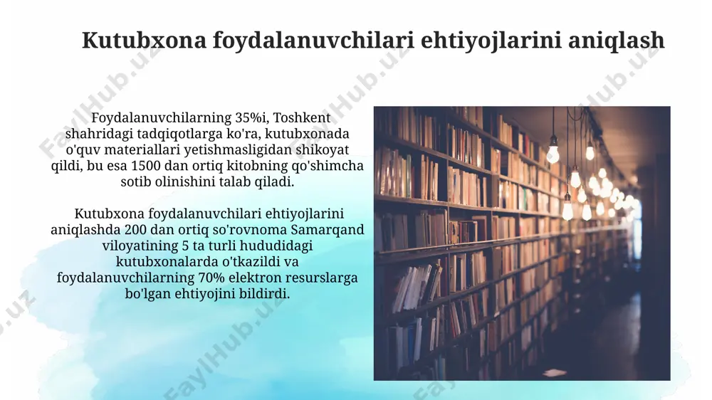 lining bilim va madaniy darajasini oshirishda muhim rol o'ynaydi. kutubxona taraqqiyoti va kelajagi kutubxona taraqqiyoti o'zbekistonda 2030-yilgacha 500 dan ortiq yangi kutubxona ochishni, jumladan, qishloq hududlarida 200 dan ko'prog'ini o'z ichiga olgan milliy dasturni nazarda tutadi. toshkent shahridagi milliy kutubxonada 15 milliondan ortiq kitob va qo'lyozmalar saqlanadi, ular orasida 12-asrga oid noyob arabcha qo'lyozmalar ham mavjud. kutubxona tashkil etish fanining maqsadlari samarqand viloyatida amalga oshirilayotgan loyiha, kutubxona tarmoqlarini rivojlantirish, 150 mingdan ortiq foydalanuvchiga xizmat ko'rsatish va 300 000 dan ziyod kitob fondini shakllantirishni o'z ichiga oladi. o'zbekistonning qishloq hududlarida 2025 yilgacha 500 ga yaqin yangi kutubxona ochish orqali axborot ta'minoti darajasini 30% ga oshirish, bu maqsadga erishish uchun muhim vazifa hisoblanadi. kutubxona resurslarini to'plashning maqsadlari kutubxonaning hududiy rivojlanish strategiyasiga muvofiq, 2024 yilga qadar samarqand viloyatidan 1000 dan ortiq noyob qo'lyozmalar va tarixiy hujjatlarni to'plash orqali mintaqaviy madaniy boyliklarni boyitish rejalashtirilgan. kutubxona resurslarini to'plashning asosiy maqsadlaridan biri – 5000 dan ortiq …