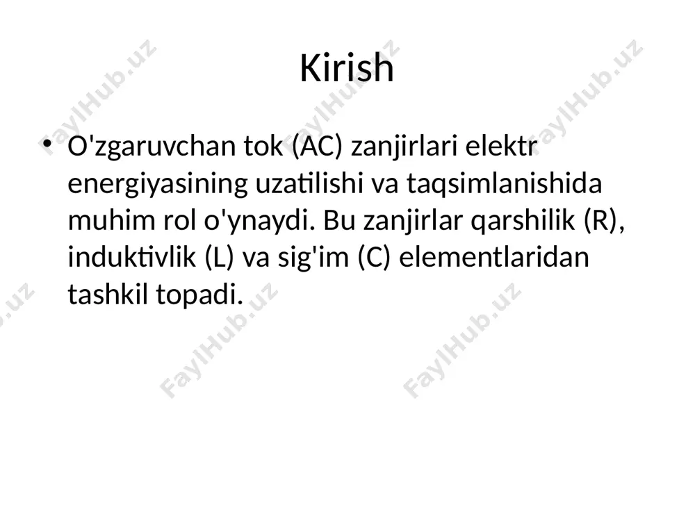 arni tahlil qilishda qulaylik yaratadi. kompleks sonlar algebrasi kompleks sonlar yordamida ac zanjirlar tahlili soddalashadi. ular faza va amplitudani birgalikda ifodalaydi.o‘zgaruvchan tok (ac) tahlilida kompleks sonlar elektr qiymatlarni (kuchlanish, tok, impedans) fazor shaklida ifodalashda qo‘llaniladi. kompleks son ko‘rinishi: z = a + jb a — haqiqiy qism (aktiv qarshilik) jb — mavhum qism (reaktiv qarshilik) j — , elektrotexnikada emas, j ishlatiladi. impedans misoli: z = r + jx chastota va burchak tezlik ac signal chastotasi f va burchak tezligi ω = 2πf orqali ifodalanadi. bu parametrlar zanjir xatti-harakatiga ta'sir qiladi.chastota (f): sekundiga necha marta to‘lqin tebranishi yuz beradi. o‘lchov birligi: hertz (hz) masalan, o‘zbekiston energiya tizimi – 50 hz uch fazali tizimlar uch fazali tizimlar yirik elektr tarmoqlarida qo‘llaniladi. ular 'yulduz' va 'uchburchak' ulanish sxemalariga ega. simmetrik va nosimmetrik yuklanish simmetrik tizimda fazalar teng, nosimmetrikda esa neytral sim orqali oqim oqadi. simmetrik yuk: har bir faza qarshilik va tok …