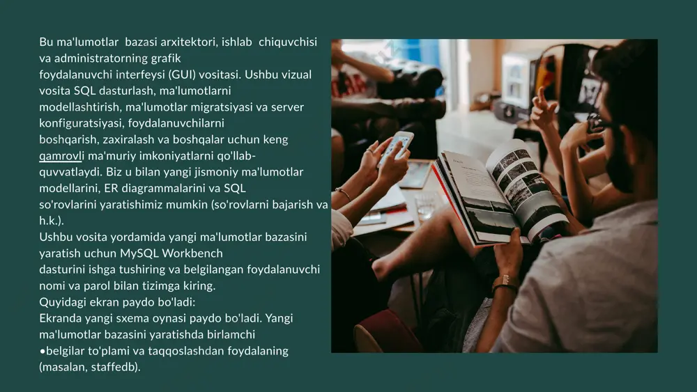 rovlar sql so‘rovlarning turli qismlariga kiritilishi mumkin. selectʼdagi kichik so‘rovlar. natijaviy to‘plamning bir qismi sifatida qaytariladigan qiymatlarni hisoblash uchun foydalaniladi. fromʼdagi kichik so‘rovlar. asosiy so‘rovda ishlatilishi mumkin bo‘lgan vaqtinchalik jadvalni yaratish uchun qoʻllanadi. whereʼdagi kichik so‘rovlar. satrlarni boshqa so‘rovga bog‘liq shartlar asosida filtrlash uchun ishlatiladi. havingʼdagi kichik so‘rovlar. guruhlangan ma’lumotlarni filtrlash uchun ishlatiladi. joinʼdagi kichik so‘rovlar. keyinchalik boshqa jadvallar bilan birlashtiriladigan virtual jadvallarni yaratish uchun qoʻllanadi. insertʼdagi kichik so‘rovlar. boshqa so‘rovdan olingan ma’lumotlarni kiritish uchun ishlatiladi. updateʼdagi kichik so‘rovlar. ma’lumotlarni boshqa so‘rov natijalari asosida o‘zgartirish uchun qoʻllanadi. deleteʼdagi kichik so‘rovlar. ma’lumotlarni boshqa so‘rovga bog‘liq shartlar asosida o‘chirish uchun kerak boʻladi. sql so‘rovlarga misollar onlayn do‘kondagi mahsulotlar haqidagi ma’lumotlar aks etgan goods jadvalini tasavvur qilamiz va bir nechta sql so‘rov namunalarini yaratamiz. jadvalda ustunlar mavjud: name – mahsulot nomi; price – mahsulot narxi; department – bo‘lim; orders – buyurtmalar soni. goods jadvalidan ma’lumotlarni chiqarib olish: select * from goods; mahsulot nomi …