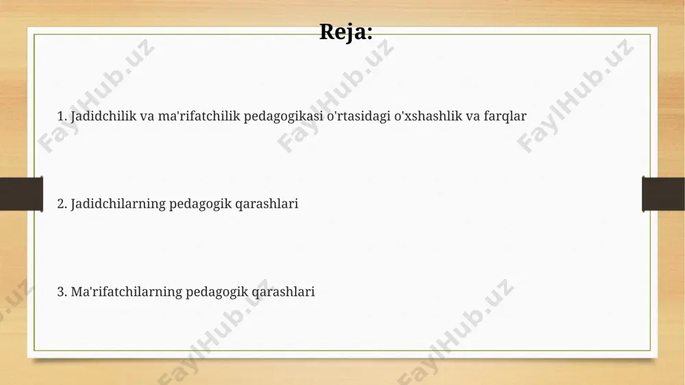 m tizimini rivojlantirishga katta hissa qo'shgan. ma'rifatchilik g'oyalari, ayniqsa, 18-asr fransiya inqilobi ta'siri ostida, o'zbekiston hududida zamonaviy ta'limning ilmiy-dunyoviy asoslarini shakllanishiga sezilarli ta'sir ko'rsatgan. jadidchilar va ma'rifatchilar pedagogik qarashlarini taqqoslash jadidchilarning pedagogik qarashlarida islom diniy qadriyatlarining ta'siri sezilarli bo'lib, axloqiy tarbiyaga alohida ahamiyat berilgan. ma'rifatchilar esa asosan ratsionalizm va insonparvarlik g'oyalariga tayanganlar. jadidchilar, 19-asr oxiri va 20-asr boshlarida rossiya imperiyasi hududida, zamonaviy usullar bilan birga diniy ta'limni birlashtirishga harakat qilishgan bo'lsalar, ma'rifatchilar esa butunlay sekulyar ta'lim tizimini targ'ib qilishgan. turkiston va volga-ural mintaqalaridagi jadid maktablari, 3-5 yillik o'quv dasturi bilan, milliy tillarda va rus tilini o'rgatishga alohida e'tibor qaratgan. ma'rifatchilar esa universal, 12 yillik ta'lim tizimini taklif qilishgan. jadidchilik harakatining pedagogik tamoyillari jadidchilik harakati 19-asr oxiri 20-asr boshlarida rossiya imperiyasi, jumladan, turkiston hududida zamonaviy ta’lim tizimini joriy etishga qaratilgan bo‘lib, milliy til va ilm-fanning rivojiga alohida e’tibor qaratgan. ushbu harakatning pedagogik tamoyillari qatoriga ona tilida ta’lim berish, tabiiy fanlarni o‘qitish, …