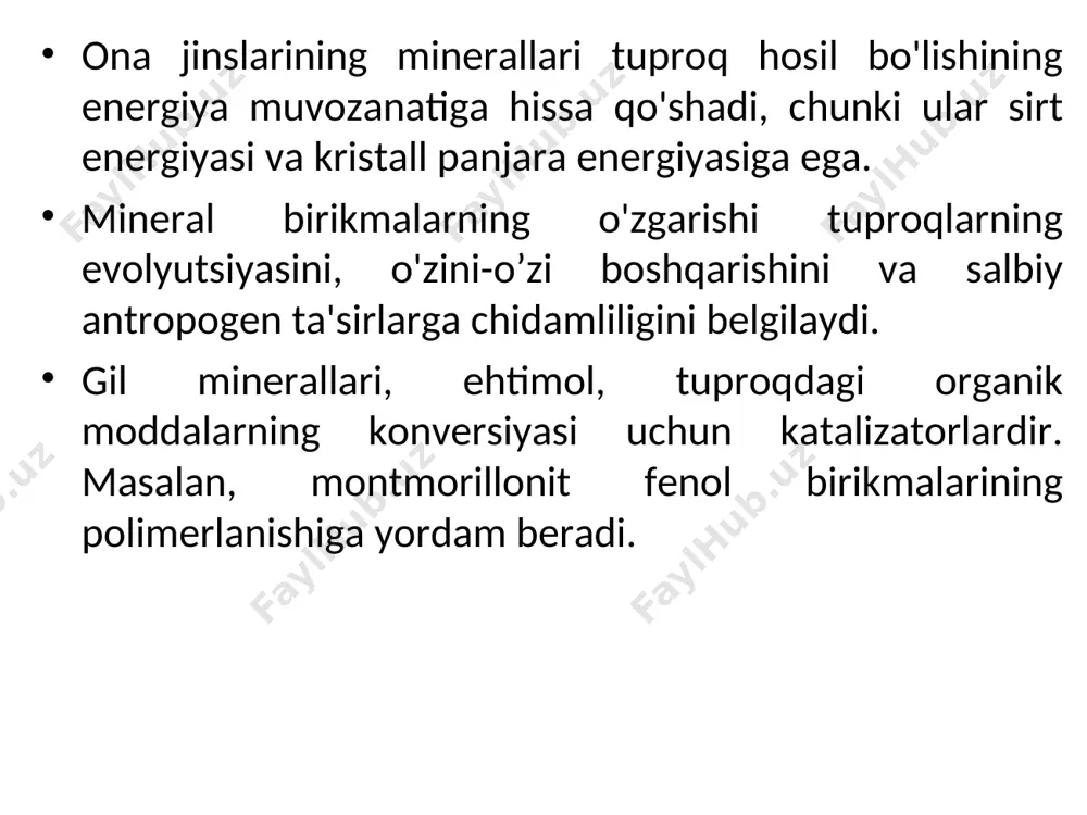 miqdori eng muhim hisoblanadi. kamroqlarda esa -nam subtropiklar, tropiklar. slyuda kristallari mukammal parchalanish tufayli barcha granulometrik fraktsiyalarda, shu jumladan kolloid va prekolloid fraktsiyalarda uchraydi. birlamchi slyudalar slyuda guruhiga quyidagilar kiradi: muskovit (kaliyli) - kal2[alsi3o10](oh,f)2; seritsit-muskovit slyudaining ingichka po'stlog'i; biotit (temir-magnesiya) – k(fe, mg) 3 [alsi3o10](oh,f)2; flogopit (magnesiya) - kmg3[alsi3o10] (alsi3o10)](oh,f)2; birlamchi slyuda qiymati: dag'al donli slyudalar tuproqlarning fizik xususiyatlarini yaxshilaydi, ularning suv va nafas olish qobiliyatini oshiradi. ular o'simliklarning kaliyli oziqlanishi manbai hisoblanadi. gidroslyudlar, aralash qatlamli va boshqa loy minerallari hosil bo'lish manbai bo'lib xizmat qiladi. ikkilamchi minerallar ikkilamchi minerallar glinali materiallar - ikkilamchi aluminosilikatlar nsio,al,o, тн2o birlamchi minerallarning oddiy nurash mahsulotlaridan sintez natijasida hosil bo'ladi, bu esa nurash va tuproq hosil bo'lish jarayonida birlamchi minerallarni o'zgartiradi. montmorillonit, kaolinit, gidroslyudlar, xloritlar, aralash qatlamli minerallar guruhlari. umumiy xususiyatlari: qatlamli kristalli tuzilish, yuqori dispersiya, yutish qobiliyati, kimyoviy bog'langan suvning mavjudligi. montmorillonit guruhining minerallari nontronit, beidellit, saponit va boshqalar turlari. formula 4 sio …