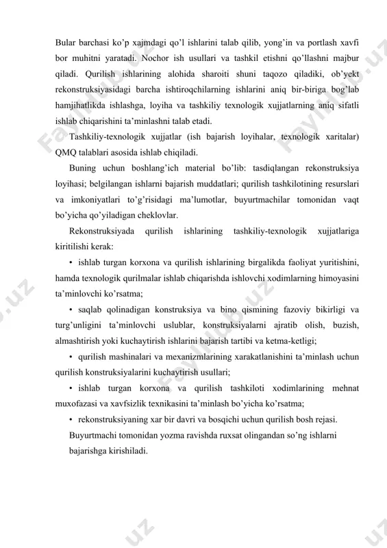yicha ko’rsatma; · rekonstruksiyaning xar bir davri va bosqichi uchun qurilish bosh rejasi. buyurtmachi tomonidan yozma ravishda ruxsat olingandan so’ng ishlarni bajarishga kirishiladi. qurilish konstruksiyalarini ajratish va buzish qurilish konstruksiyalarini ajratish va buzish ishlari ko’p mehnat talab qilinadigan, ayrim hollarda u ob’yekt rekonstruksiyaning umumiy davomiyligini belgilaydi. ajratish deganda binoni qandaydir bo’lagi yoki barcha konstruktiv elementlarini o’z o’rnida qayta foydalanish mumkinligini hisobga olib shikast yetkazmay olib tashlash tushuniladi. konstruksiyalarni buzib olib tashlash ulardan o’z o’rnida foydalanish imkoniyatini bermaydi. rekonstruksiya qilinayotgan binoning xajmiy-rejaviy yechimlari o’zgartirilsa, hamda ayrim konstruksiyalar almashtirilsa, qisman ajratish, buzish ishlari olib boriladi. konstruksiyalarni butunlay ajratish va buzish bino va inshootlarni olib tashlashda yoki rekonstruksiya ishlari katta xajmda bo’lsa bajariladi. qurilish konstruksiyalarini ajratish, buzish usullarini tanlashga rekonstruksiyalanayotgan ob’yektning xajmiy-rejaviy, konstruktiv yechimlari; rekonstruksiya ishlarning korxonaning asosiy faoliyati bilan kirishishi, hamda uning ish rejimi, ish bajarish muddatlari; mehnat muxofazasi va xavfsizlik texnikasi talablari; yaroqli va qayta foydalanadigan materiallarning chiqish darajasi yetarli darajada …