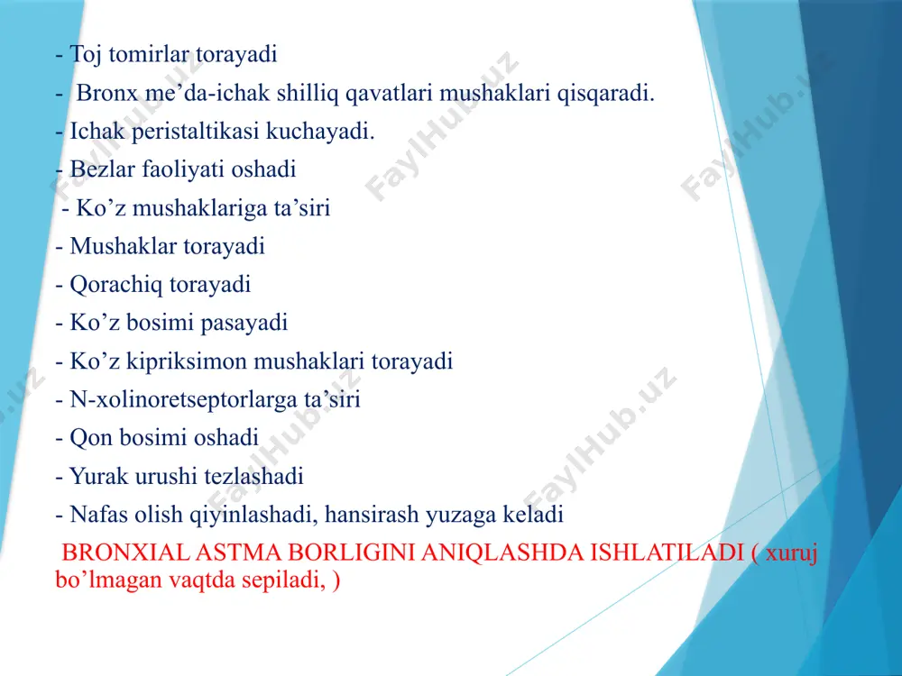 barbituratlar ,analgeyiklardan). - co bilan zaxarlanganda - jarroxlikdan keying nafasx yetishmovchiligida - pnevmaniya va aterosklerozni oldini olishda ishlatiladi. - dori vositalari faqqat v/i ga yuboriladi ta’siri 2-3 daq da boshlanib 3-5 daq davom etadi. - yuborganda ta’sir boshlanmasa qayta yuborilmaydi - doza oshirib yuborilsa- ko’ngil aynishi, qayd qilish, talvasa xuruji va yurak to’xtashi mumkun. nikatin-tamaki tarkibida mavjud. parasimpatik gangliylarni qo’zg’atishi sababli so’lak oqishi oshqozon ichak qisqarib qorin og’rishi ich ketishi qorachiqlar torayishi buyrak usti bezidagi nret .ni qo’zg’atishi sababli adrenalin sintezi osahadi qon tomirlar torayib, qon bosimi oshadi. gipofiz orqa bo’lagidan ajraluvchi vasopressin xissobiga –yurak toj tomirlari qisqarishi mumkun. nikatin miqdori oshib borishi gangliylardagi nret .ni falajlaydi natijada yurak urushui sekinlashadi va qon bosimi pasayadi nikatinizim yuzaga keladi azolar faoliyatini zaiflashtirib boadi. yurak toj tomirlarini zararlab- gipotoniya, stenokardiya, ateroskleroz obletaratsiya kabi kasalliklar yuzaga keladi. tamaki tutuni tarkibida –radiaktiv modda va benzipirin borligi sababli chekuvchilarda ( surunkali branxit, pnevmaniya, emfizema, bronx …