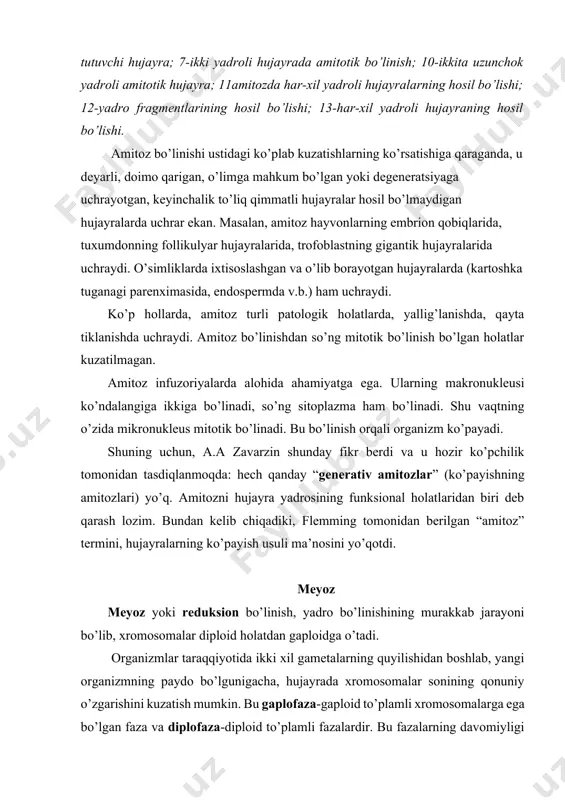 bularning hayotiy siklida gaplofaza ustun bo’ladi. fazalarning oddiy gallanishi yashil suvo’tlaridan xlamidomonadada yaxshi ko’rinadi (ilova,42). uning erkin yashovchi hujayrasi vegetativ yo’l bilan ko’payadi. boshlang’ich hujayra ko’p marta bo’linadi va 28 ta zoosporalarni hosil qiladi. ularning har biri o’sib boshlang’ich individ kattaligiga yetadi va yana shu yo’l bilan jinssiz ko’payishi mumkin. jinsiy ko’payishda dastlab, boshlang’ich hujayraning bo’linishidan gaploid xromosomali gametalar hosil bo’ladi. keyin ikkita gameta qo’shilishib (kopulyatsiya), quyilishib ketadi va diploid to’plamli zigotani hosil qiladi. bu endi meyozga kirishadi, natijada to’rtta vegetativ gaploid hujayralar hosil bo’ladi va sikl yangidan qaytariladi. bunda diploid faza (diplofaza yoki sporofit faza) juda qisqa vaqt davom etadi, gaploid faza (gaplofaza yoki gametofit faza) hayotiy siklning ko’proq qismini egallaydi. zigotali meyoz spirogira o’simligida quyidagicha sodir bo’ladi: bu o’simlikning tallomi hujayralari gaploid xromosomali bo’ladi. shuning uchun, tallomdagi xoxlagan hujayra jinsiy jarayonga bevosita kirishib, bir-biri bilan yoki tallom hujayralari bilan kon’yugatsiyalanib diploid xromosomaga ega bo’lgan zigotani hosil qiladi. qulay …