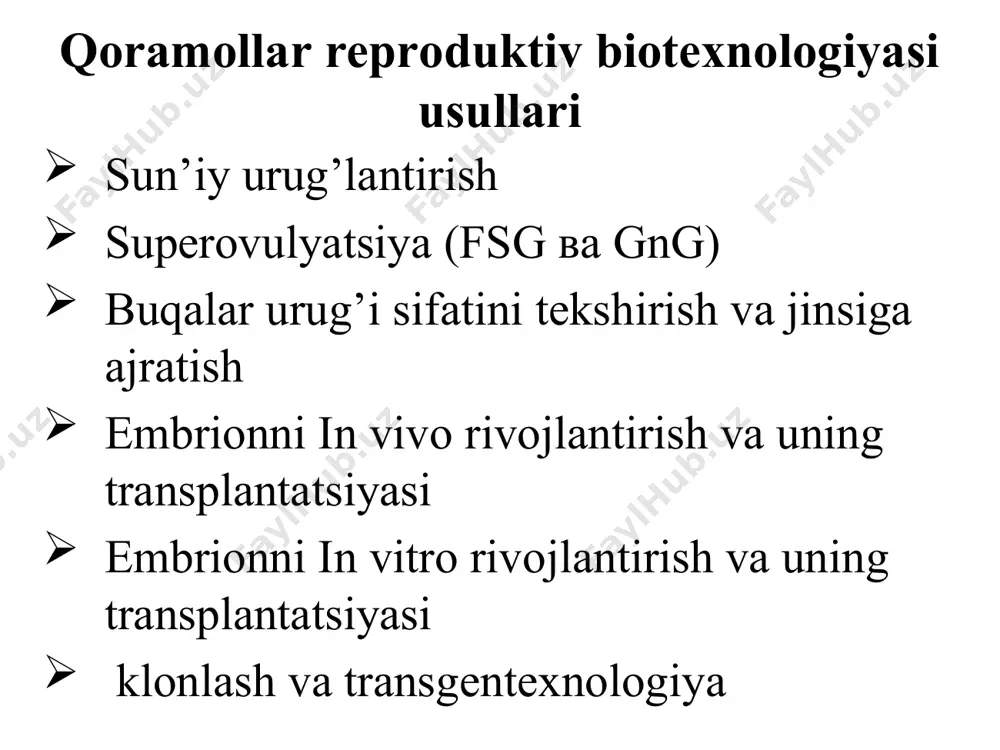 6- bosqich – blastosista; 7- bosqich – kengaygan blastosista; 8- bosqich – yorib chiqqan blastosista; 9- bosqich – kengaygan, yorib chiqqan blastosista. 1-схема. 1- кун - 15 мл тривитамин; 10- ва 21- кун - 500 мкг эстрофан, тривитамин 15 мл, носпецефик стимулловчи восита сифатида цитратли қон - 40-60 мл, биринчи куни соғилган увиз - 10-20 мл. 2-схема. 1- куни 15 мл тривитамин; 2- ва 8- кунлари 50-60 мг прогестерон; 10- куни - 500 мкг эстрофан. эстрофанни иккинчи марта 21 кундан (биринчи инъекциядан 11 кун кейин) кейин юборишдан олдин донор сигирларга гонадотроп гормонлар қўлланилиб суперовуляция чақирилади. 3-схема. 1- куни 15 мл тривитамин; мускул орасига 200 мг амол (17 алфаацетат мепрегенола) ва 200 мг прогестерон; 10- кун эстрадиол бензоат - 10 мг хг - 1500 п.е. эстрофанни инъекция қилишдан олдин 21 куни донорларда суперовуляция чақириш учун гонадотроп гормонлар қўлланилади. petri kosachasidagi embrionni kurinishi biyadan olingan 10 kunlik embrion donorlarni tanlash. donorlar - …
