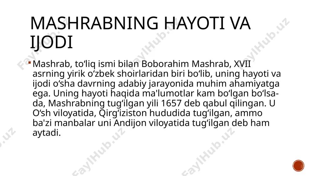 so‘fiylik qarashlari va amallari boshqa so‘fiylar bilan birga uning ijodiga ham ta'sir qilgan. mashrabning hayoti 1711 yilda yakunlangan. uning vafoti haqida turli rivoyatlar mavjud, ammo eng keng tarqalgani shuki, u buxoro shahrida diniy va siyosiy qarashlari tufayli qatl qilingan. uning qaytib ketishi davrdagi murakkab siyosiy vaziyat va diniy qarashlar bilan bog‘liq bo‘lgan. mashrab lirikasining o‘zbek adabiyotidagi o‘rni mashrabning lirikasi o‘zbek adabiyotida o‘ziga xos o‘ringa ega bo‘lgan. mashrab, to‘liq ismi bilan boboraxim mashrab, xvii asr oxiri va xviii asr boshlarida yashab, ijod qilgan o‘zbek shoiri hisoblanadi. uning ijodi o‘zbek adabiyoti tarixida muhim ahamiyat kasb etadi. mashrab o‘zining falsafiy va tasavvufiy mazmunga ega bo‘lgan lirik she'rlari bilan tanilgan. uning asarlarida insonning ichki kechinmalari, ruhiy izlanishlari va hayot mafkuralari yoritiladi. uning ijodi turkiy tilidagi tasavvufiy adabiyotning yorqin namunasidir. , mashrabning she'rlari asosan g‘azal, masnaviy va ruboiy shaklida bo‘lib, ularda allohga muhabbat, hayotning foniyligi va insoniy qadriyatlar haqida so‘z yuritiladi. u tasavvufiy ta'limotlarni adabiyot …