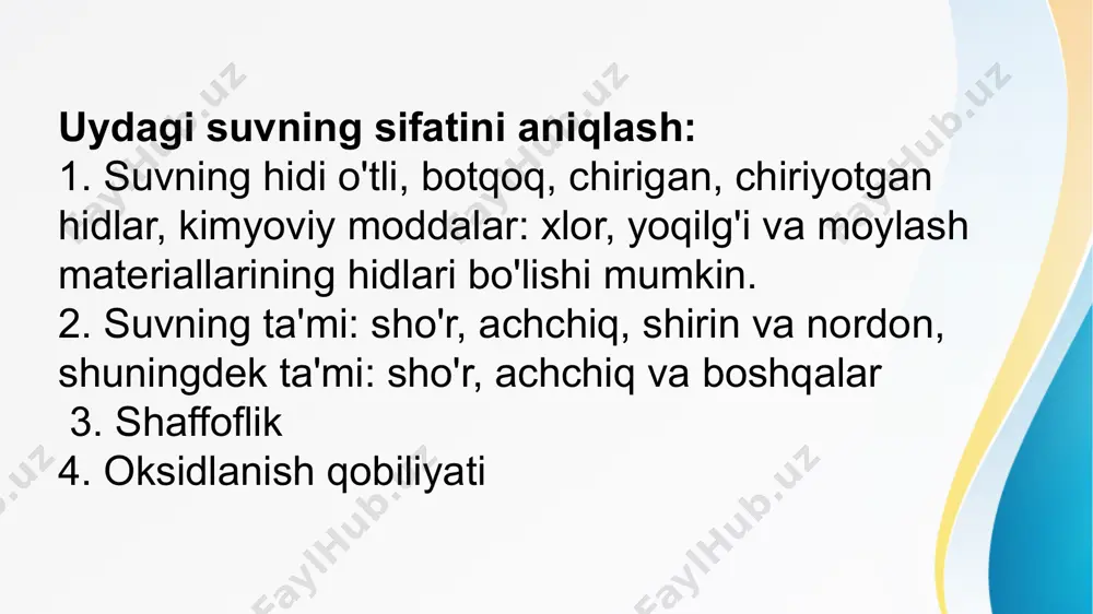 omfortlashib bormoqda. bunda zamonaviy suv tozalash filtrlarning o'rni katta. insonning tabiatga yetkazayotgan zarari sababli filtrlashning yangi usullarini kashf etishni talab etmoqda. image1.jpeg image2.jpeg