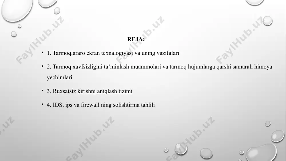 abarlar oqimini taqiqlash;qabo‘l qilingan trafikni ichki tizimlarga yunaltirish; ichki tizimning zaif qismlarini yashirish bilan internet tomonidan uyushtiriladigan xujumlardan himoyalash; barcha trafiklarni bayonlashtirish; ipsec (internet protocol security) protokoli; vpn (virtual private network) virtual xususiy tarmoq; ids (intrusion detection system) ruxsatsiz kirishlarni aniqlash tizimi. ipsec (internet protocol security) bu xavfsizlik protokollari hamda shifrlash algoritmlaridan foydalangan holda tarmoq orqali xavfsiz ma’lumot almashish imkonini beradi. bu maxsus standart orqali tarmoqdagi kompyuterlarning o‘zaro aloqasida dastur va ma’lumotlar hamda qurilmaviy vositalar bir-biriga mos kelishini ta’minlaydi. ipsec protokoli tarmoq orqali uzatilayotgan axborotning sirliligini, ya’ni faqatgina yubo-ruvchi va qabul qiluvchiga tushunarli bo‘lishini, axborotning sofligini hamda paketlarni autentifikatsiyalashni amalga oshiradi. zamonaviy axborot texnologiyalarni qo‘llash har bir tashkilotning rivojlanishi uchun zaruriy vosita bo‘lib qoldi, ipsec protokoli esa aynan quyidagilar uchun samarali himoyani ta’minlaydi: bosh ofis va filiallarni global tarmoq bilan bog‘laganda; uzoq masofadan turib, korxonani internet orqali boshqarishda; homiylar bilan bog‘langan tarmoqni himoyalashda; elektron tijoratning xavfsizlik darajasini yuksaltirishda. ruxsatsiz kirishni …