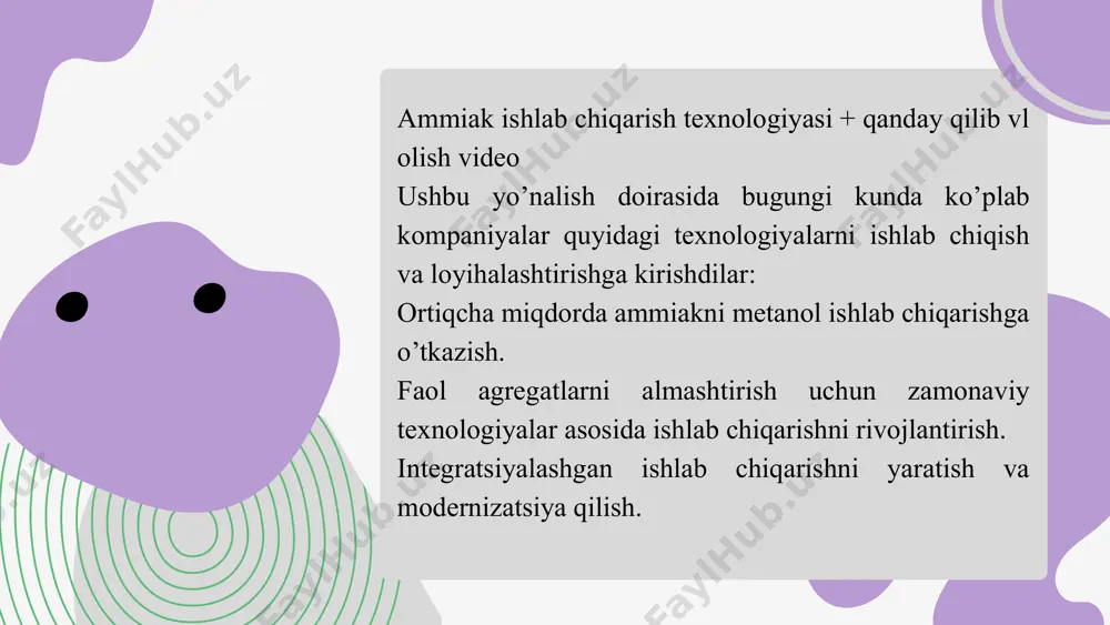 o’laklari sirtiga va uning ichki qismiga azot va vodorodningdiffuziyasi; 2) katalizator sirtiga gazlarning faollangan (kimyoviy) absorbtsiyasi: 3) katalizator sirtida azot va vodorodning ta’sirlashishi; 4) ammiak desorbtsiyasi va uning ichki hajmidan gaz fazasi hajmiga diffuziyasi. zamonaviy tasavvurlarga ko’ra, temir katalizatorida barcha jarayon tezligini belgilab beradigan bosqich azotning faollangan absorbtsiyasi hisoblanadi. ammiak sintezi jarayonining tezligi haroratga, bosimga, hajmiy tezlikka, gaz fazasidagi azot, vodorod va ammiak kontsentratsiyasiga, inert qo’shimchalar (ar va ch4)ga hamda katalitik zaharlarga bog’liqdir. ammiak sintezi agregatining unumdorligi quyidagi formula bo’yicha hisoblanadi: ammiakli idishlarga o’rnatiladigan jo’mraklar po’latdan tayyorlanadi. ammiak to’ldirilgan idishlar quyosh nuri ostida saqlanishi ta’qiqlanadi, radiatorlar va boshqa issiqlik manbaalari oldiga qo’yilmaydi. ballonlarga zarba urilishidan saqlash uchun tashish paytida ularga saqlagich rezina halqalar kiydiriladi. ammiak sintezi bo’linmasida ishlash portlovchi va yonuvchi gazlardan foydalanish bilan bog’liqdir, chunki vodorod, azot-vodorod aralashmasi va ammiak havo bilan portlovchi havfli aralashma hosil qiladi. ammiak zaharli modda hisoblanadi. ishlab chiqarish binolarida chegaraviy me’eriy kontsentratsiyasi 20 mg/m3 …