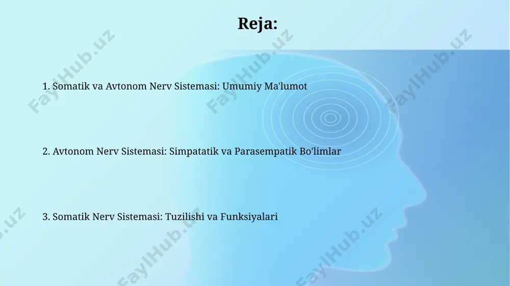 o'zaro aloqasi somatik sistemaning harakatlarini o‘zgartirishda avtonom nerv sistemasining (ans) simpatik bo‘limi, masalan, yurak urishi tezligini 10-20% ga oshirib, mushaklarga qon oqimini yaxshilash orqali muhim rol o‘ynaydi. somatik nerv sistemasi orqali ongli harakatlar, masalan, jismoniy mashqlar, avtonom nerv sistemasi faolligini sezilarli darajada o‘zgartiradi, metabolizm tezligini taxminan 15-25% ga oshirishi mumkin. klinik ahamiyati: davolash usullari vegetativ krizi bilan og'rigan bemorlarda, yurak ritmini normallashtirish uchun 5-10 mg dozalarida atropin yoki simpatomimetiklar yordamida tezkor tibbiy yordam ko'rsatiladi. somatik nerv sistemasining shikastlanishiga olib keladigan periferik nevropatiyalarni davolashda, og'riqni boshqarish uchun analjeziklar va fizioterapiya usullari, masalan, 30 daqiqali elektr stimulyatsiyasi qo'llaniladi. klinik ahamiyati: kasalliklar somatik nerv sistemasining shikastlanishi, masalan, periferik nervlarning shikastlanishi, 70% hollarda mushak kuchsizligi va atrofiyaga olib keladi, bu esa harakat qobiliyatini sezilarli darajada cheklaydi. orqa miya shikastlanishi natijasida yuzaga keladigan somatik va avtonom nerv sistemasining buzilishi, bemorlarda nafas olish va yurak-qon tomir faoliyatining buzilishiga olib keladi, bu esa o’lim xavfini 25% ga …