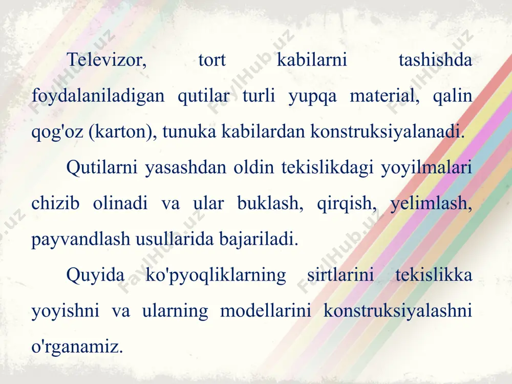 joylashtirilgan bo'lsa, uning h dagi proyeksiyasi aylana, v va w dagi proyeksiyalari bir xil to'g'ri to'rtburchak ko'rinishida tasvirlanadi. silindr 20.3-chizma, a dagidek joylashgan bo'lsa, uning v dagi proyeksiyasi aylana, h va w dagi proyeksiyalari to'g'ri to'rtburchak ko'rinishida chiziladi. agar silindmi w ga perpendikular joylashtirilsa, uning w dagi proyeksiyasi aylana, h va v dagi proyeksiyalari to'g'ri to'rtburchak ko'rinishida tasvirlanadi. silindr hamma holatda ham faqat ikkita - d diametr va h balandlikka ega bo'ladi. konus. konus ham silindr kabi texnik detallarda juda ko'p tatbiq etiladi. konusning uchi kesilgan bo'lsa, kesik konus (20.6-chizma) deyiladi. konus 20.4-chizma, a dagidek proyeksiyalar tekisliklari tizimida joylashgan bo'lsa, h tekisligida aylana, v va w tekisliklarida uchburchak ko'rinishida chiziladi. konus ham ikkita o'lchamga - d diametr va h balandlikka ega. shar (sfera). u texnikada yumalash podshipniklarida qo'llaniladi. sfera yum-yumaloq sirt bo'lgani uchun hamma tekisliklarda o'ziga teng aylana ko'rini­shida proyeksiyalanadi (20.5-chizma, a). shaming bitta o'lchami bo'ladi, lekin o'lcham soni oldiga …